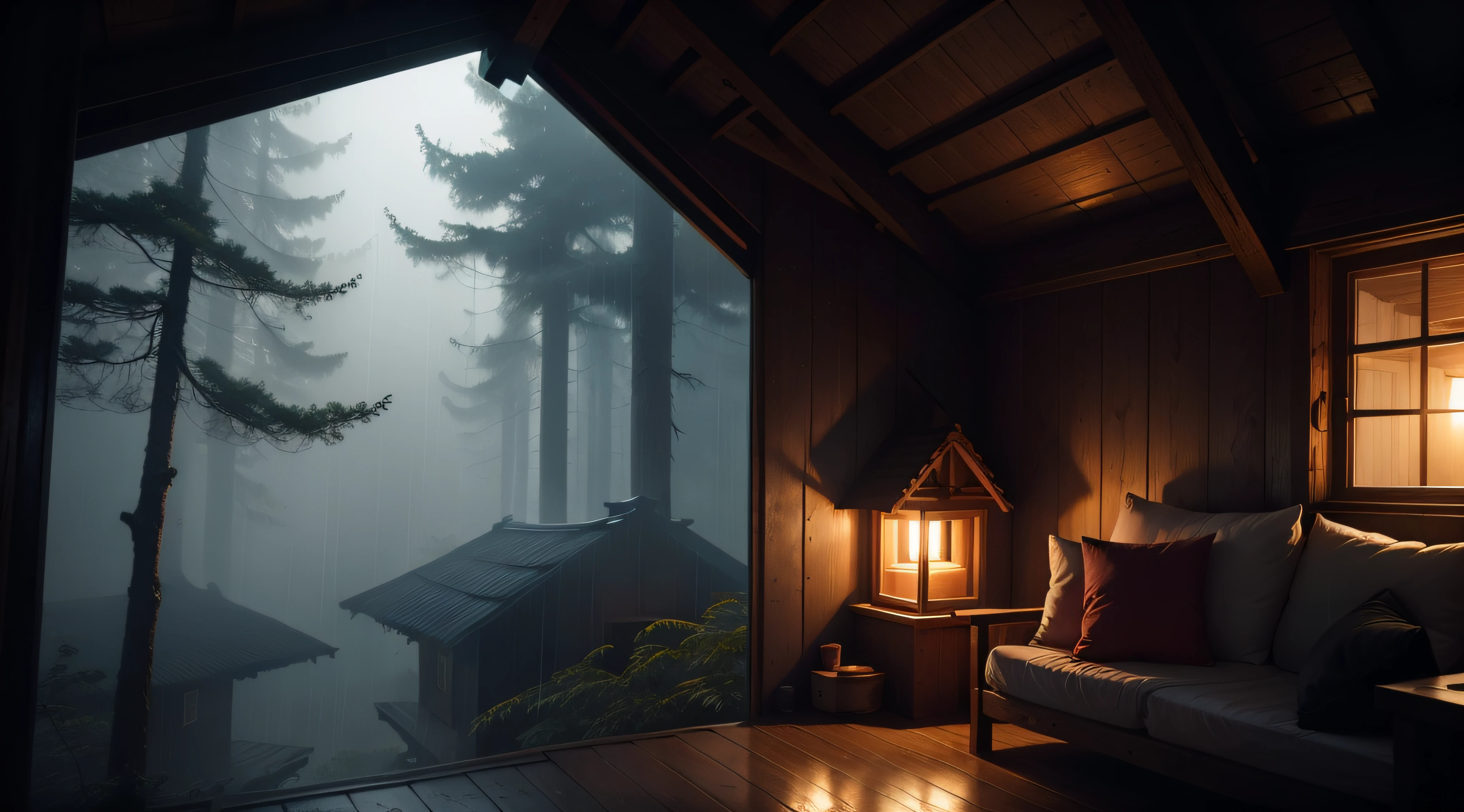 very heavy rain inside the cozy attic of a hut in the misty forest at night