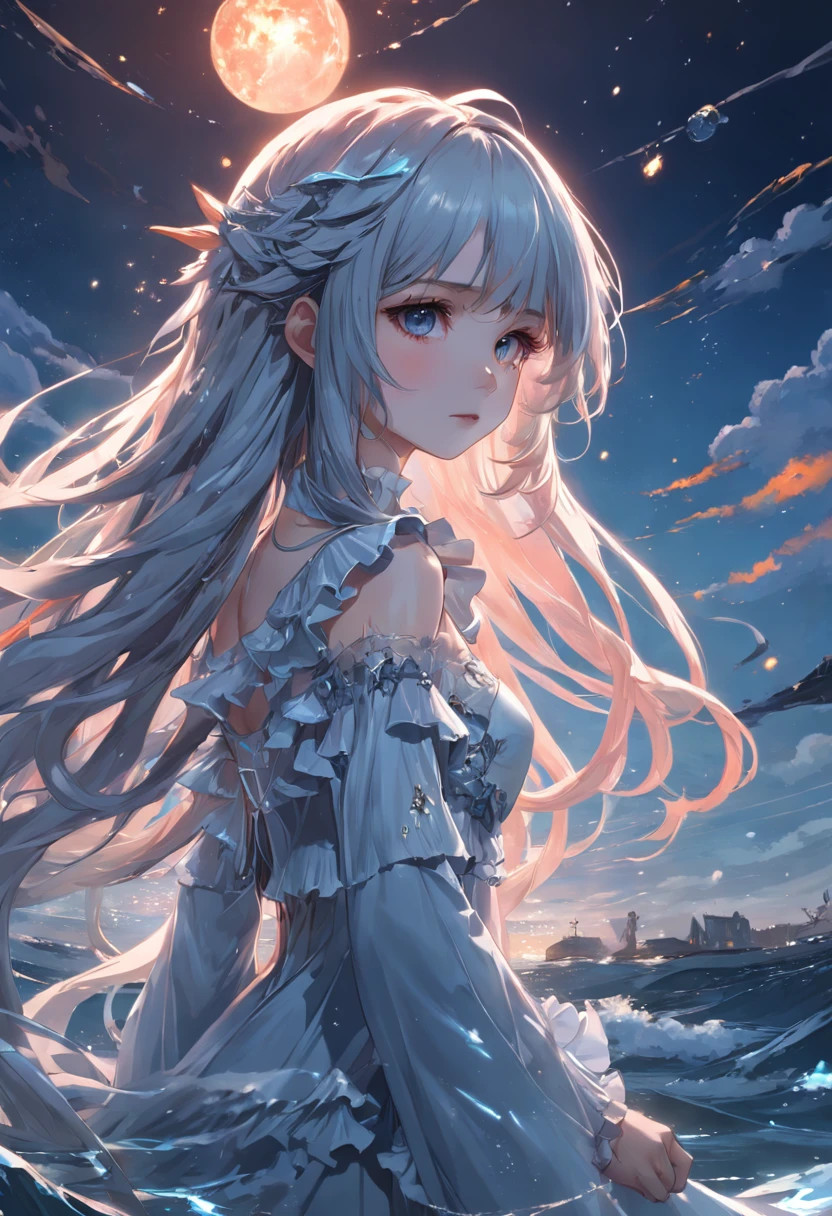 ((masterpiece)), ((best quality)), ((illustration)), extremely detailed,style girl, long shot, small breast,light grey very_long_hair, scifi hair ornaments, beautiful detailed deep eyes, beautiful detailed sky, beautifuldetailed water, cinematic lighting, dramatic angle, (very long sleeves), frills, formal, close to viewer, (an extremely delicate and beautiful),best quality,highres,official art,extremely detailed CG unity 8k wallpaper,  ((starry sky)), star river,array stars, Holy, noble, ((oil painting)) , ((wallpaper 8k CG)), (realistic), Concept Art, vary blue and red and orange and pink hard light, intricate light, dynamic hair, haircut, dynamic fuzziness, beautiful and aesthetic, intricate light, manga and anime