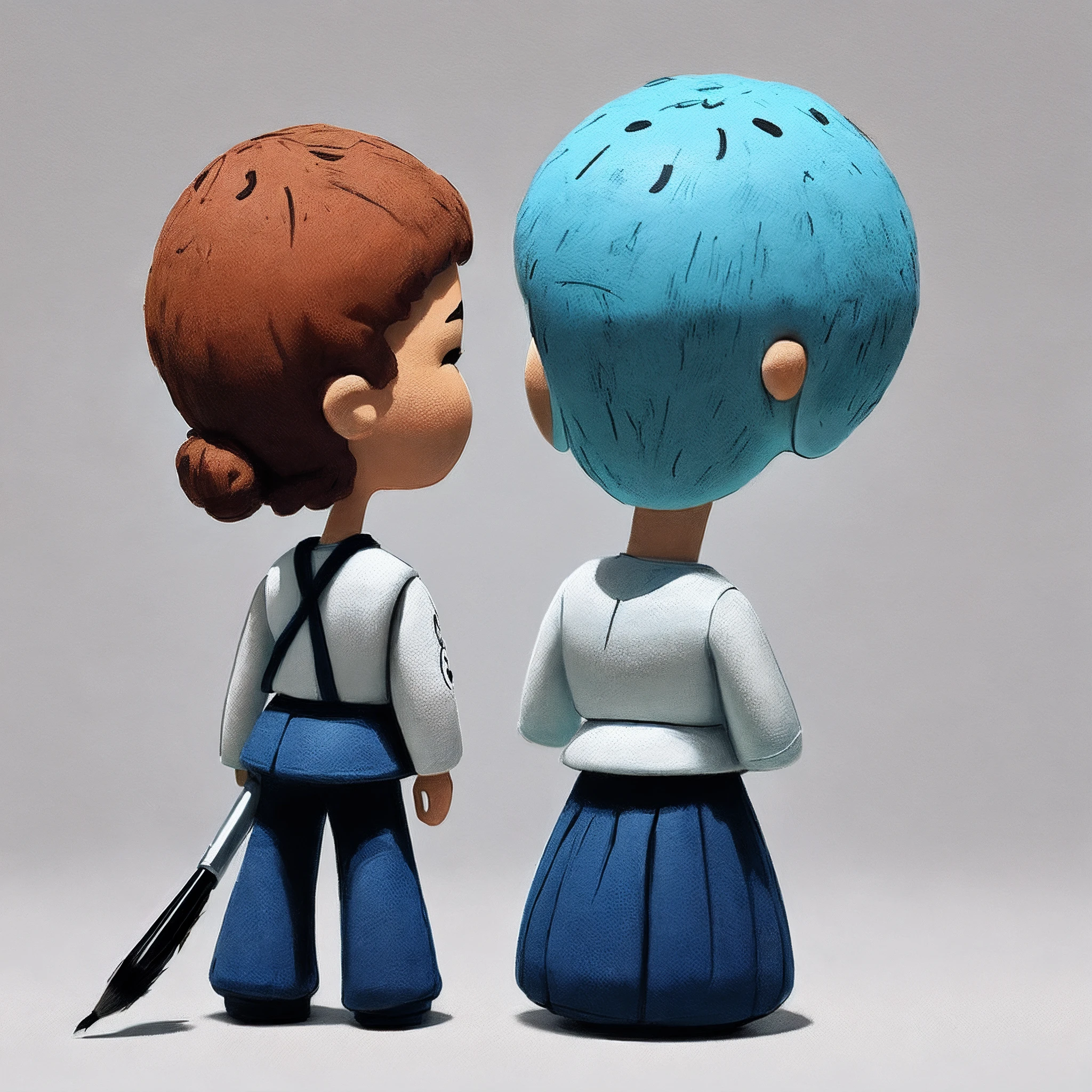 stickfigure,The background is white,Light blue brush draw,Q version of the little girl,Turn your back to each other,adolable,Big head and small body