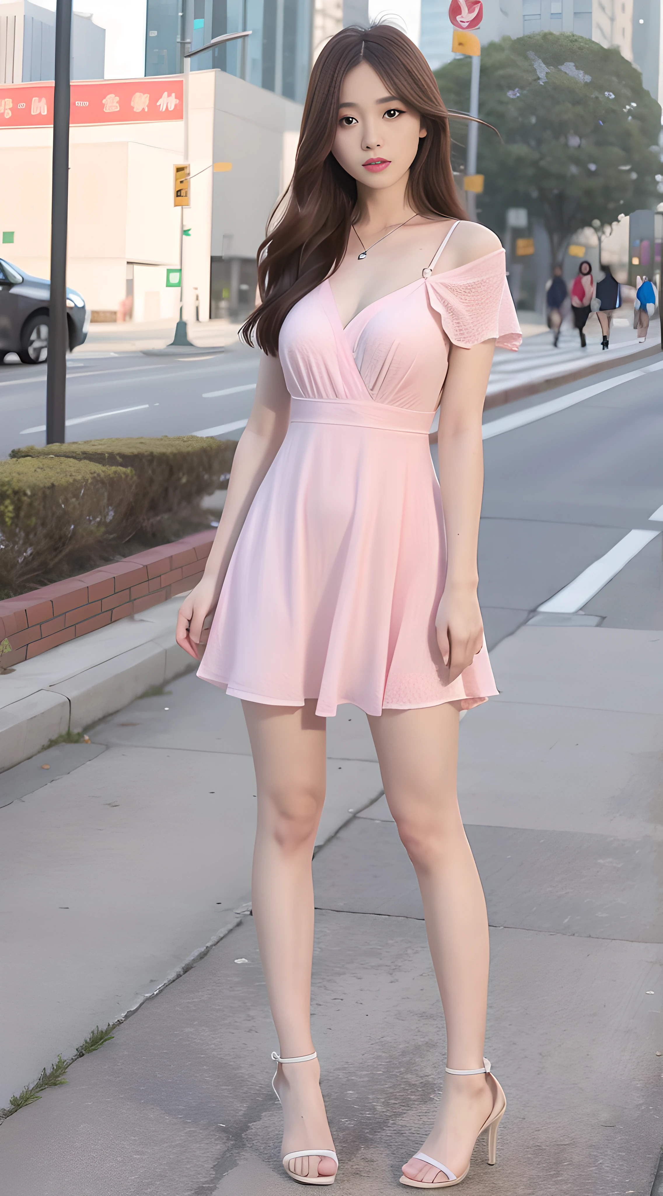 mix4, 20d, solo, long_hair, shirt, dress, high_heels, full_body, look_at_viewer, (8k, RAW photo, best quality, mastery:1.2), (realistic, photo-realistic:1.37), professional lighting, photon mapping, 光能传输,基于物理的渲染,