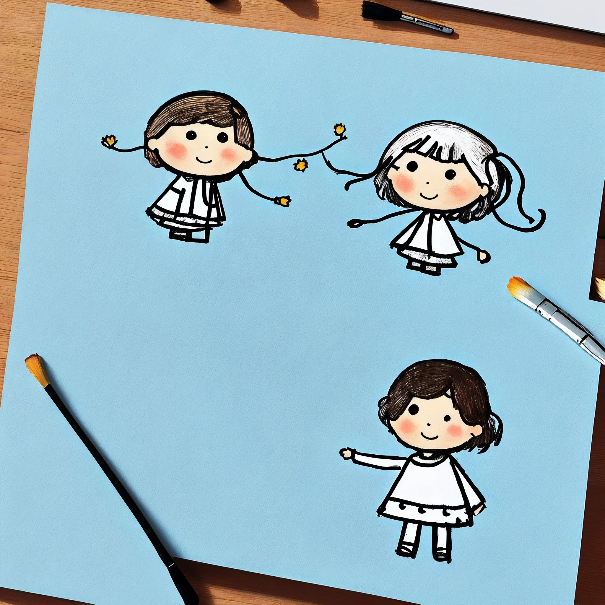stickfigure,The background is white,Light blue brush draw,Q version of the girl,Turn your back to each other,adolable,Big head and small body