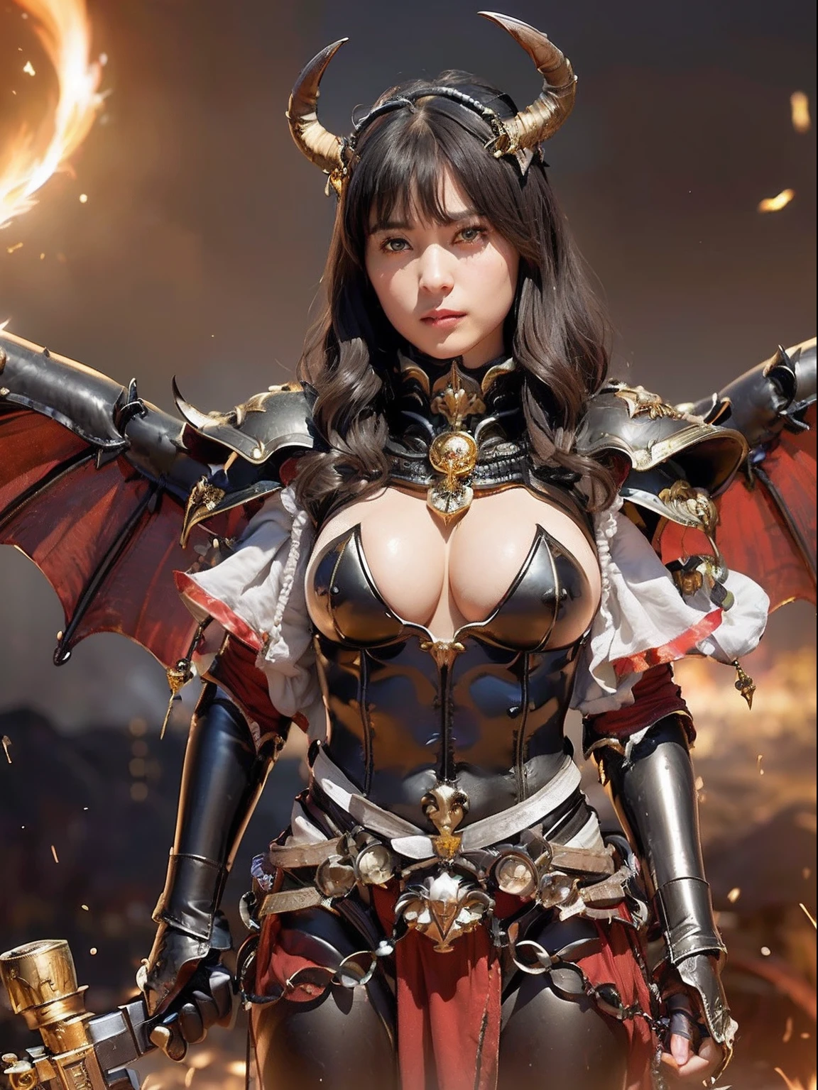 Professional , ​masterpiece、top-quality、photos realistic , depth of fields 、(A dark-haired) 、（Gemstone White Metal Body:1.4),(Matte Black、Jewel Gold Weapon、（maikurobikini）,Gorgeous metal weapons ,Particles of light、（Fight dragons）、（Black wings）、（（ Detailed and gorgeous sword of the brave）） ,Light Effects、intense fighting、Wind-effect、magic circles、 (A dark-haired)  ,Fight legions of soldiers in skeleton armor ,Detail and ornate jewel crown、With the legendary magic wand、Dragon's tail、explosions、（（maikurobikini））、（（Gangle's forest background））、Beautiful Caucasian beauty、１a person、dynamic ungle,(((Details of the two demon horns on the head)))、Smaller head、A smile、Background inside the castle、Thin and beautiful female hands、cleavage of the breast、Soldier in iron armor on background、Mystical expression、Light Effects、Wind-effect、With the legendary magic wand、（wingspan）、Toostock、Anatomically correct body、Battle Pose、