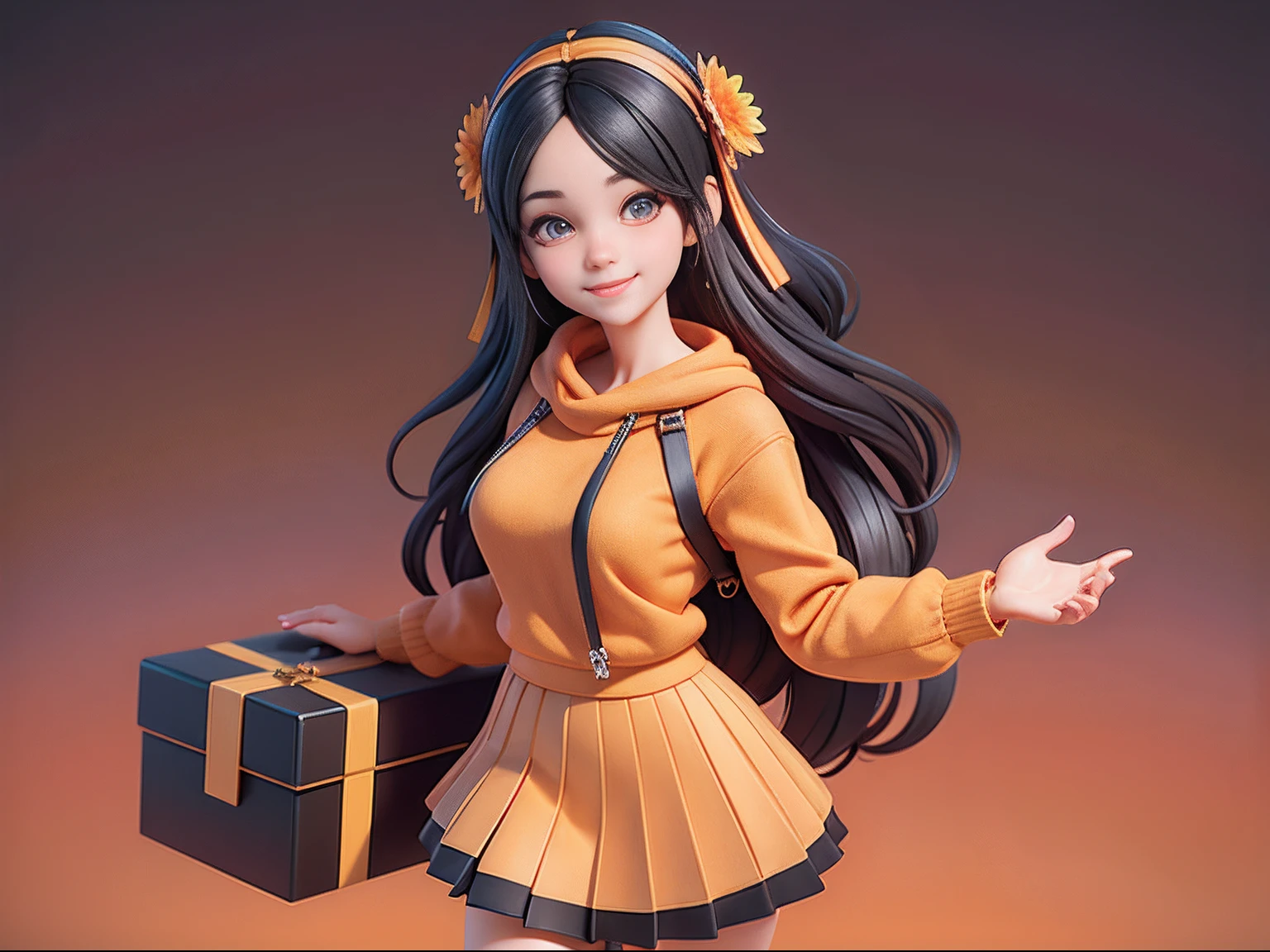 There is a beautiful and stylish female college student,Holding an oversized gift box,(Hold an oversized gift box 1.5), cinema shot, Cinematic lighting, (1girll, Solo), (angle of view, focus face, From above, The upper part of the body), (Perfect face, Beautiful eyes)Black color hair, Elegant portrait of a maiden,Orange sweatshirt and pleated skirt, Stylish 3d anime girl rendering, Beautiful and detailed digital art, cute girly,The smile is bright, Stylized 3D rendering, 3D rendering art,8K, beautiful digital painting,3d anime style, Ultra-detailed rendering, Planetary background,Divine cinematic light,Autumn clothing), Black hair, (Bar background)