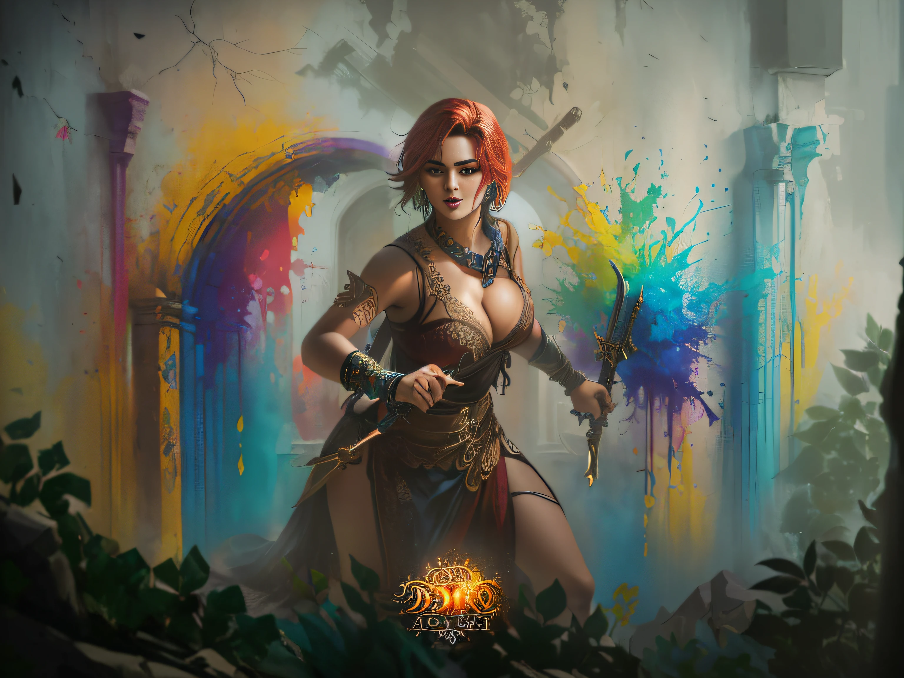 fundo colorido com cores vivas, personagem loira com seios fartos e detalhados, menacing and sexy look
