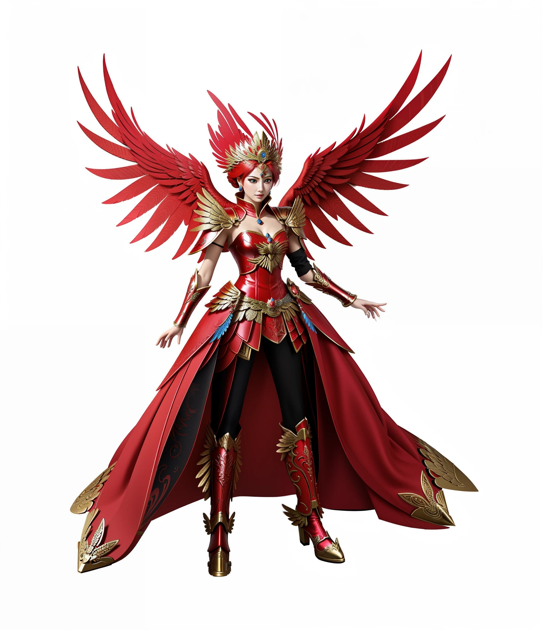 Arafard image of a woman with wings in a red dress, female lord of change, flying scarlet phoenix, lady in red armor, a beautiful fantasy empress, phoenix warrior, beautiful elegant demon queen, stuning fantasy 3 d render, 3 D rendering character art 8 K, mystical atlantean valkyrie, She has the head of a phoenix, full-body xianxia