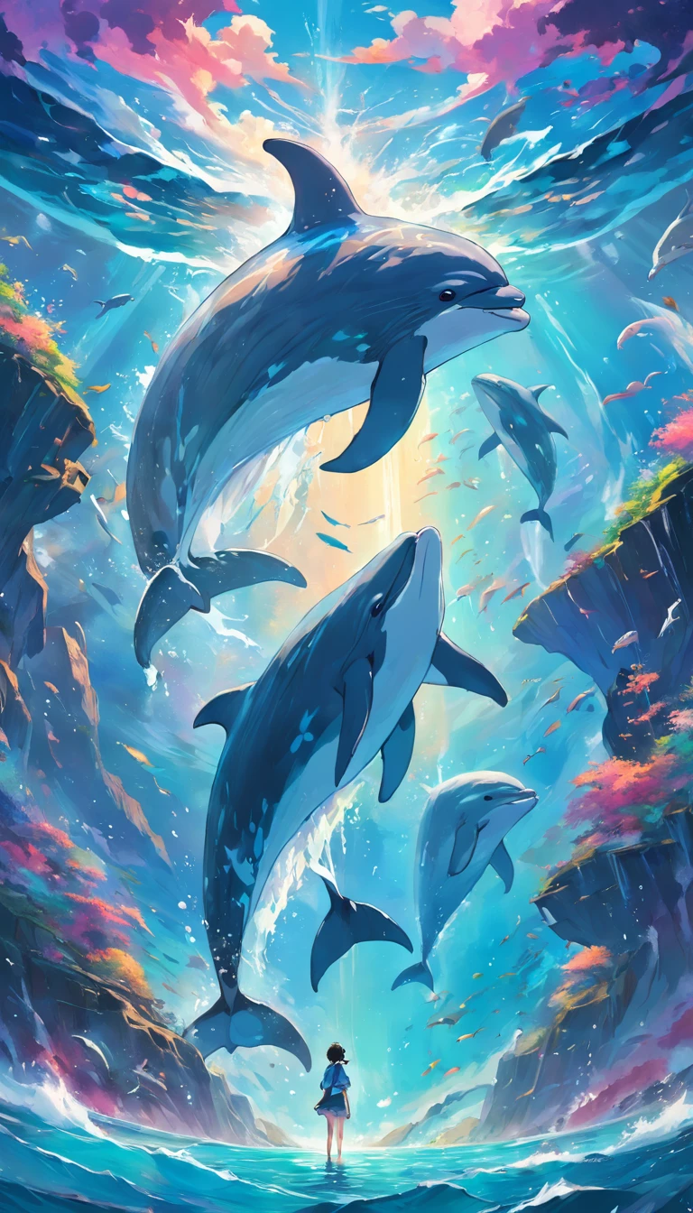 Painting of dolphins swimming in colorful ocean, Look up at the composition, Live water and whales from the sky, inspired by Cyril Rolando, dreamy psychedelic anime, colorful anime movie background, A beautiful artwork illustration, author:Shitao, colorful concept art, Makoto Shinkai Cyrillo Rolando, in the style of Cyril Rolando, flying whale, highly detailed water colour 8k, highly detailed water colour 8 k,octane,the end,Realistic,8K,Estilo de Makoto Shinkai( reasonable design, 清晰的线条, High- sharpness,Best quality, Very detailed, Master parts, movie light effect, 4K )