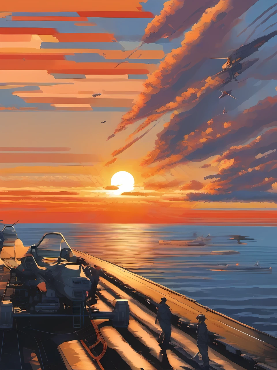 foreshortening technique, dynamic perspective, spatial depth, three-dimensional illusion, visual impact, artistic skill, engaging composition, movie「Top」Illustrations inspired by、Sea setting sun、F-14 fighters departing from an aircraft carrier、F-14 fighter with afterburner igniting、Rear view of the F-14 fighter、Empty mother、Big sunset、A very large sunset setting over the horizontal parallels、Background dyed by sunset、