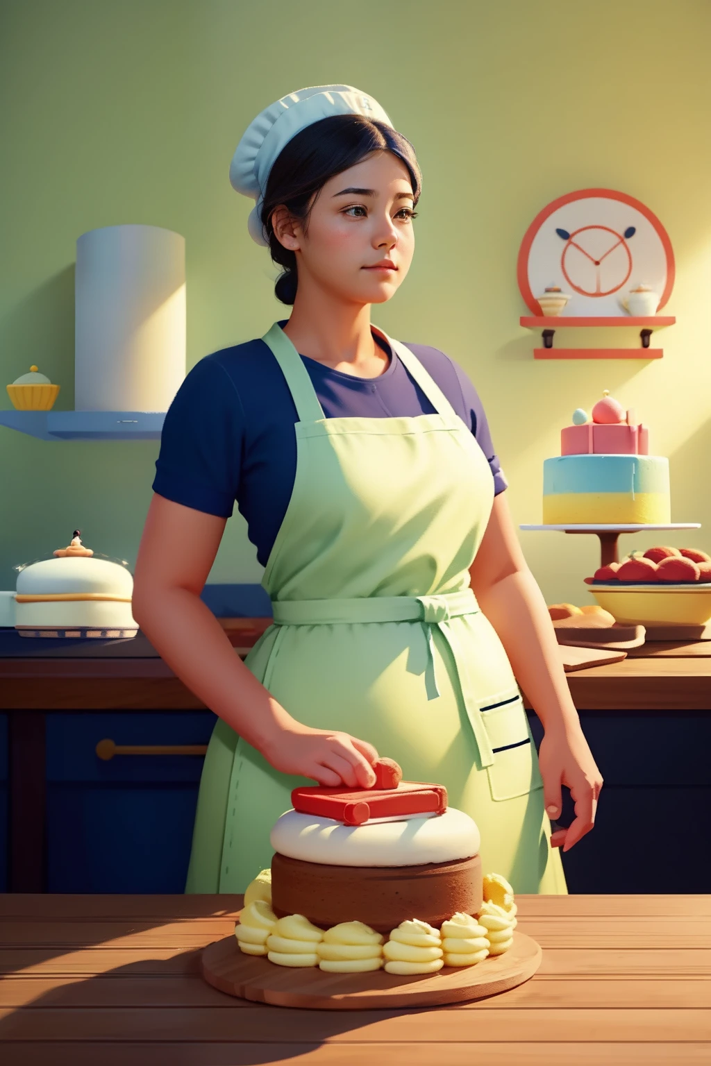 Cake room，A girl looks at the cake，Thinking，Wear an apron，A chef's hat is worn on his head，square table，There was a round cake on the table，Baking tools，the soft light，Clear detail，perfect compositions，4k高清，Illustration masterpiece