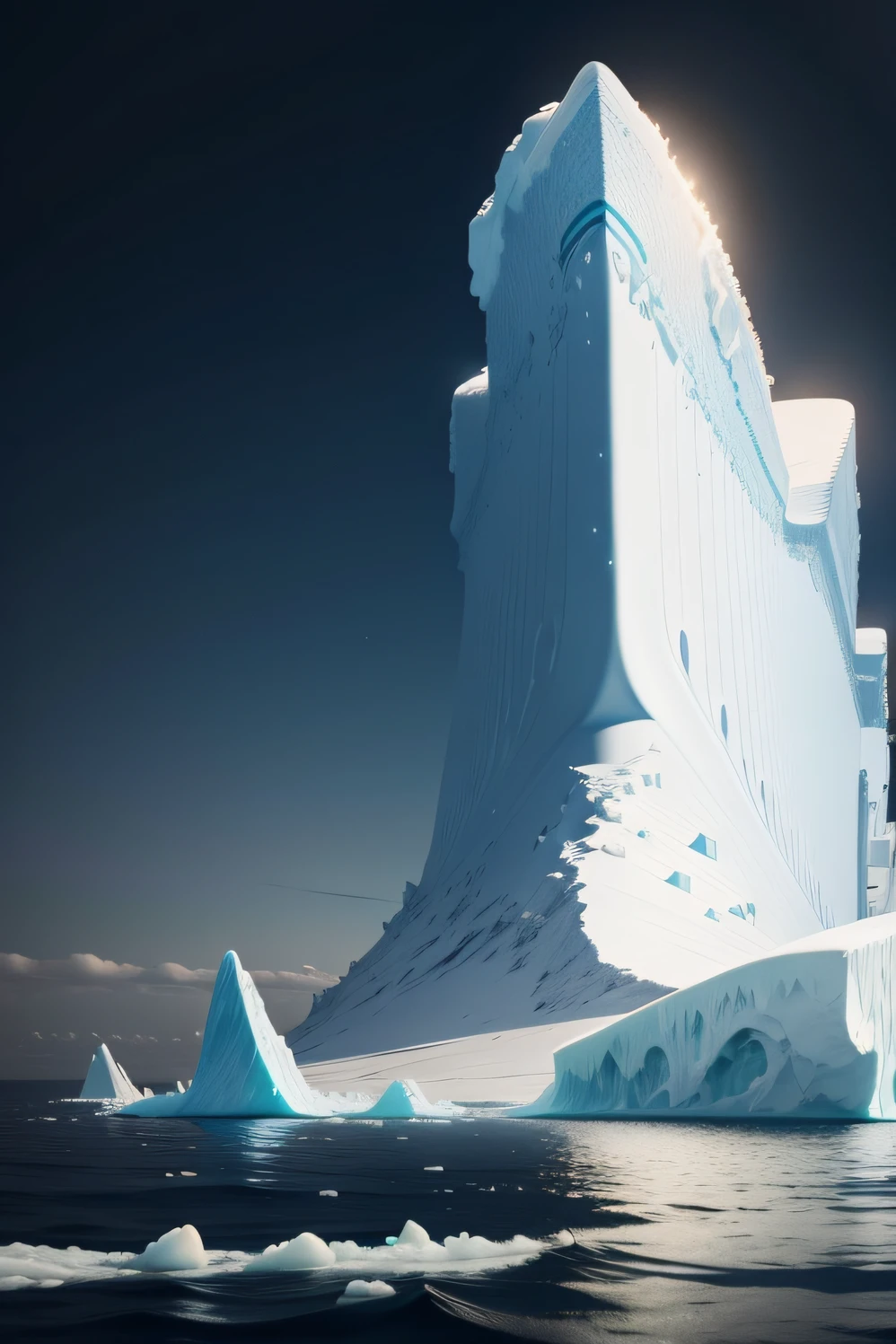 Huge icebergs floating in the ocean，The Titanic hit the iceberg and sank。