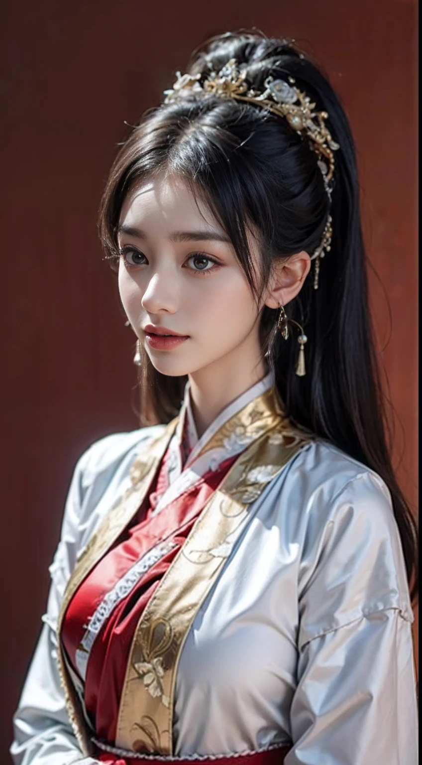 Super high resolution, Close-up photo of girl in headdress in pink and gold dress, ultraclear, Flawless and delicate face, Truly delicate skin, big breasts beautiful, Delicate and clear eyes, Look at the screen, Simple, (simple red background), Best quality, High details, HD, 16k，（Childlike face，18yr old，），（Phoenix Guanxia），（Silk clothes，Hanfu）