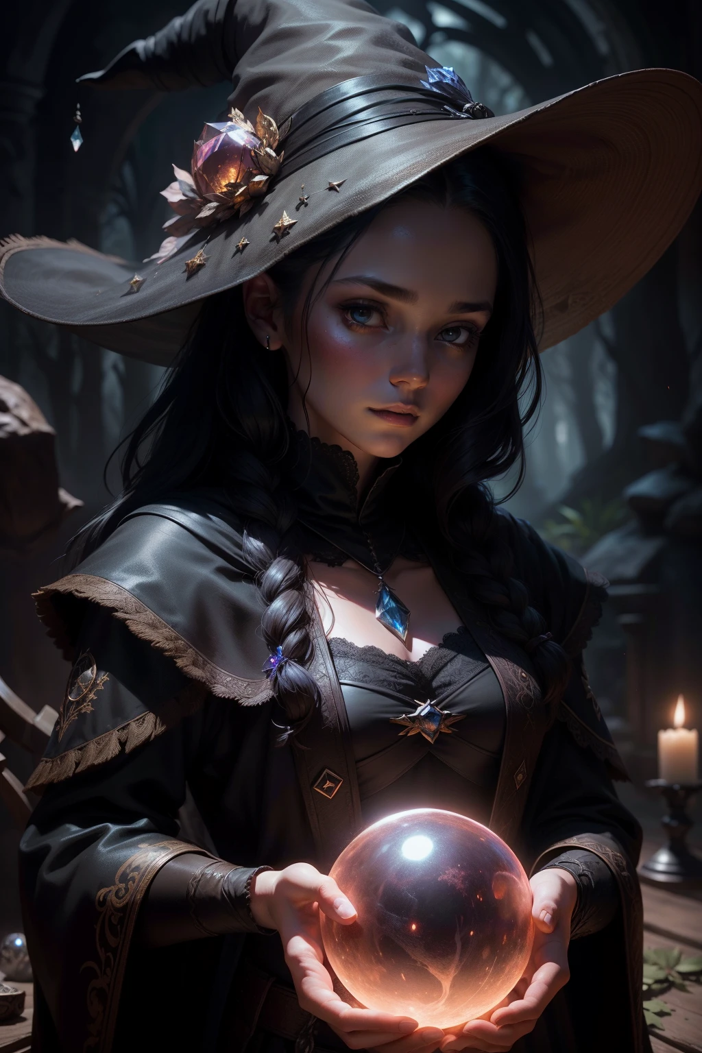 Portrait of a young witch, In front of her held a crystal glowing ball, Dark background, Highly detailed, Digital painting, art stations, concept-art, smooth, Sharp focus, illustration, Unreal Engine 5, 8K