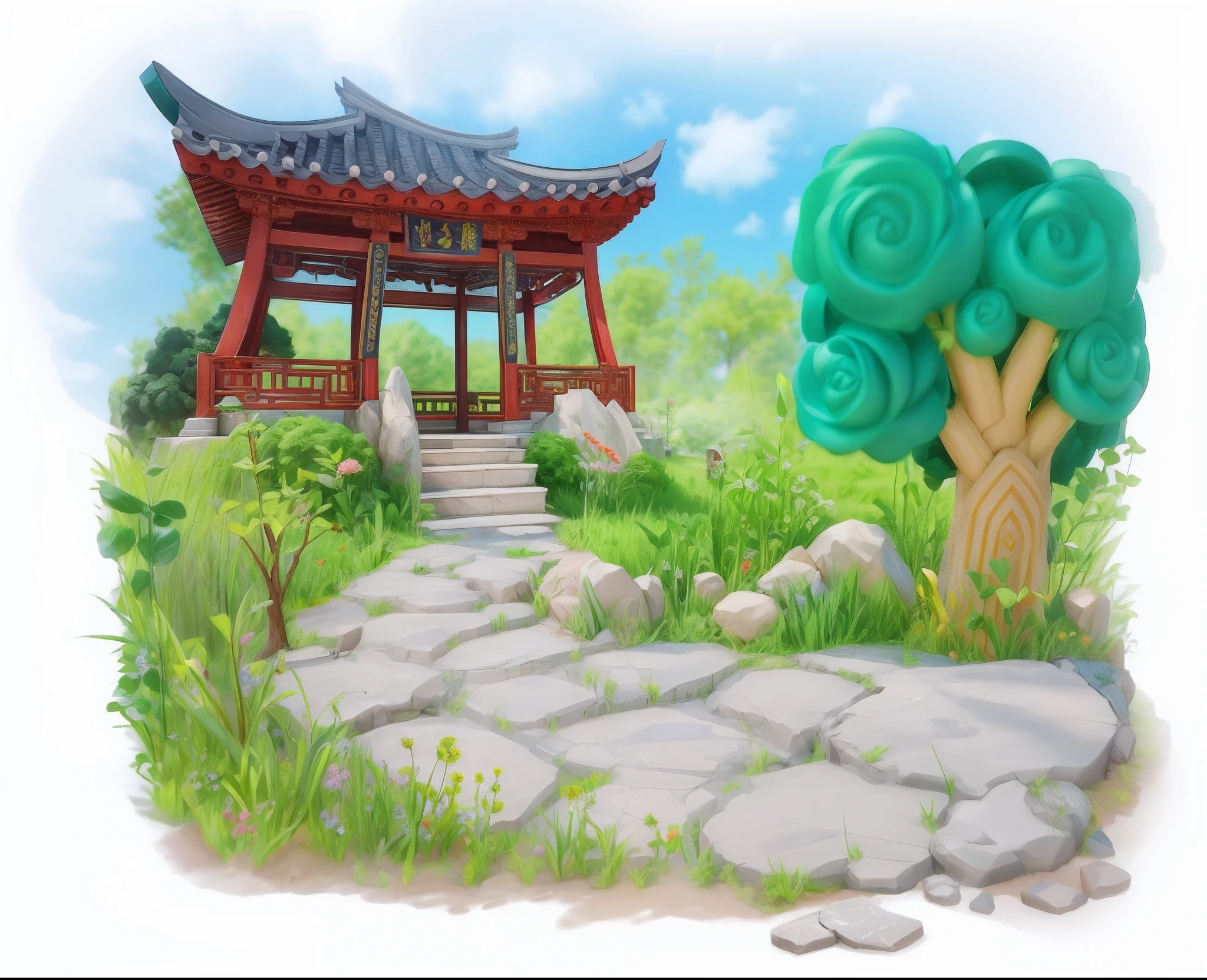 tmasterpiece,high qulity,Cartoon scenery,Chinese Pavilion,The tree,A plant,Flowers,steins,estilo cartoon 3d,There is texture,Ray traching,4K,