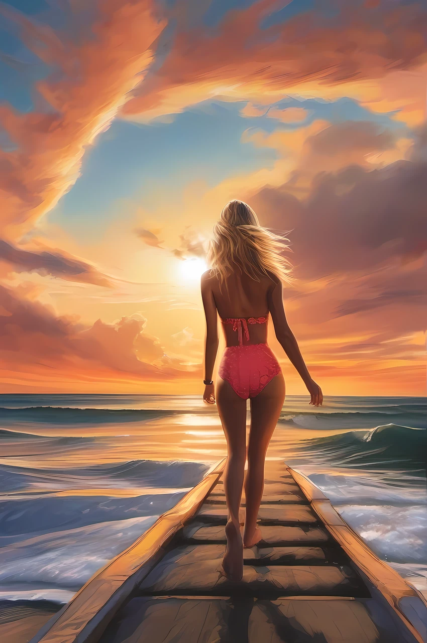 foreshortening technique, dynamic perspective, spatial depth, three-dimensional illusion, visual impact, artistic skill, engaging composition, drama「Baywatch」Illustrations inspired by、Behind the back of a female lifesaver、Lifesaver woman in sunset、Running towards the sunset、Hair fluttering in the wind、Very big sunset、Rear view、silhuette、Scene running on the beach、Blonde glamorous lifesaver from Playmate、Wearing a lifesaver swimsuit、Sunset on the horizon、Big sunset、Sandy beach dyed by sunset、
