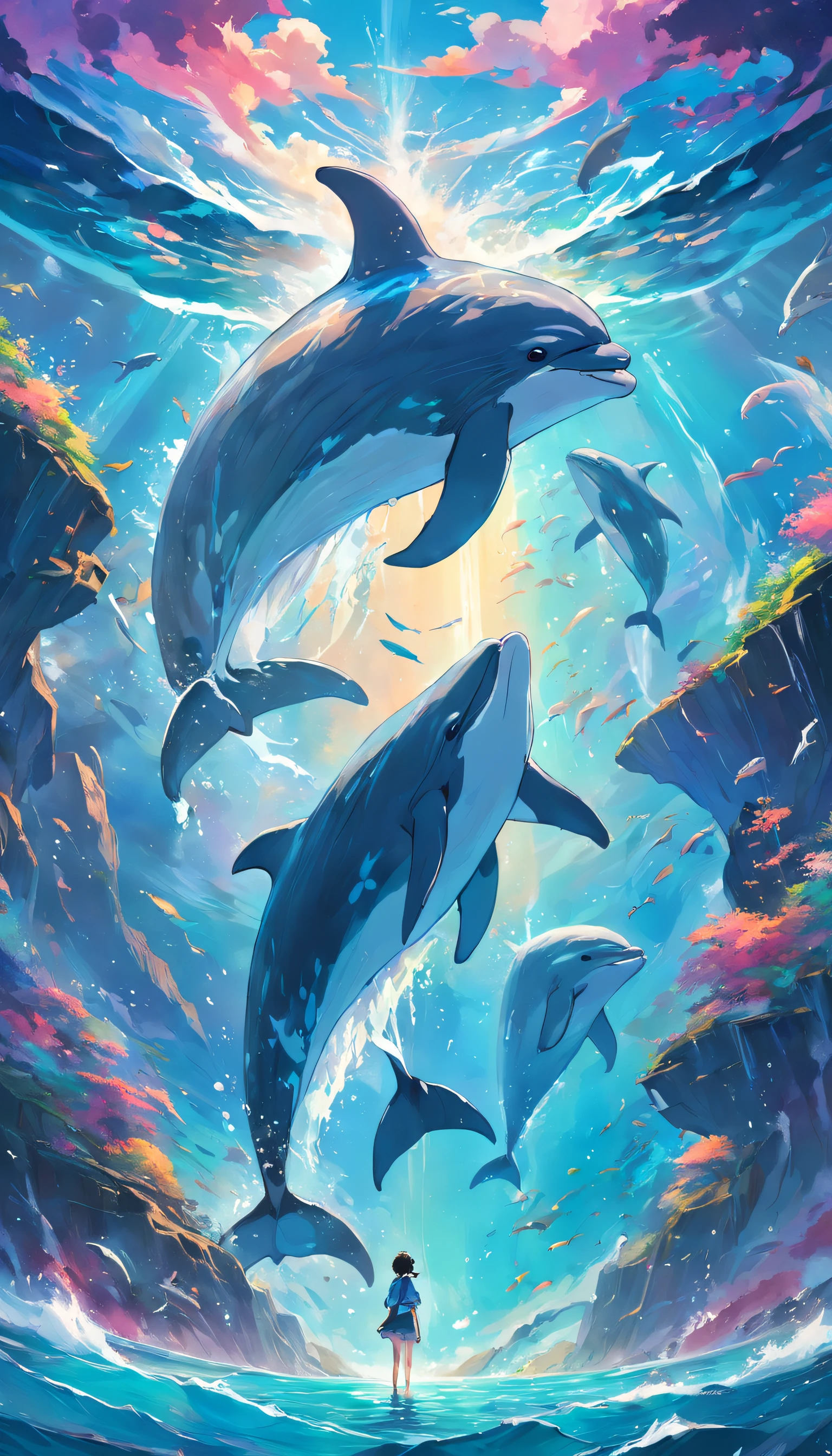 Painting of dolphins swimming in colorful ocean, Look up at the composition, Live water and whales from the sky, inspired by Cyril Rolando, dreamy psychedelic anime, colorful anime movie background, A beautiful artwork illustration, author:Shitao, colorful concept art, Makoto Shinkai Cyrillo Rolando, in the style of Cyril Rolando, flying whale, highly detailed water colour 8k, highly detailed water colour 8 k,octane,the end,Realistic,8K,Estilo de Makoto Shinkai( reasonable design, 清晰的线条, High- sharpness,Best quality, Very detailed, Master parts, movie light effect, 4K )
