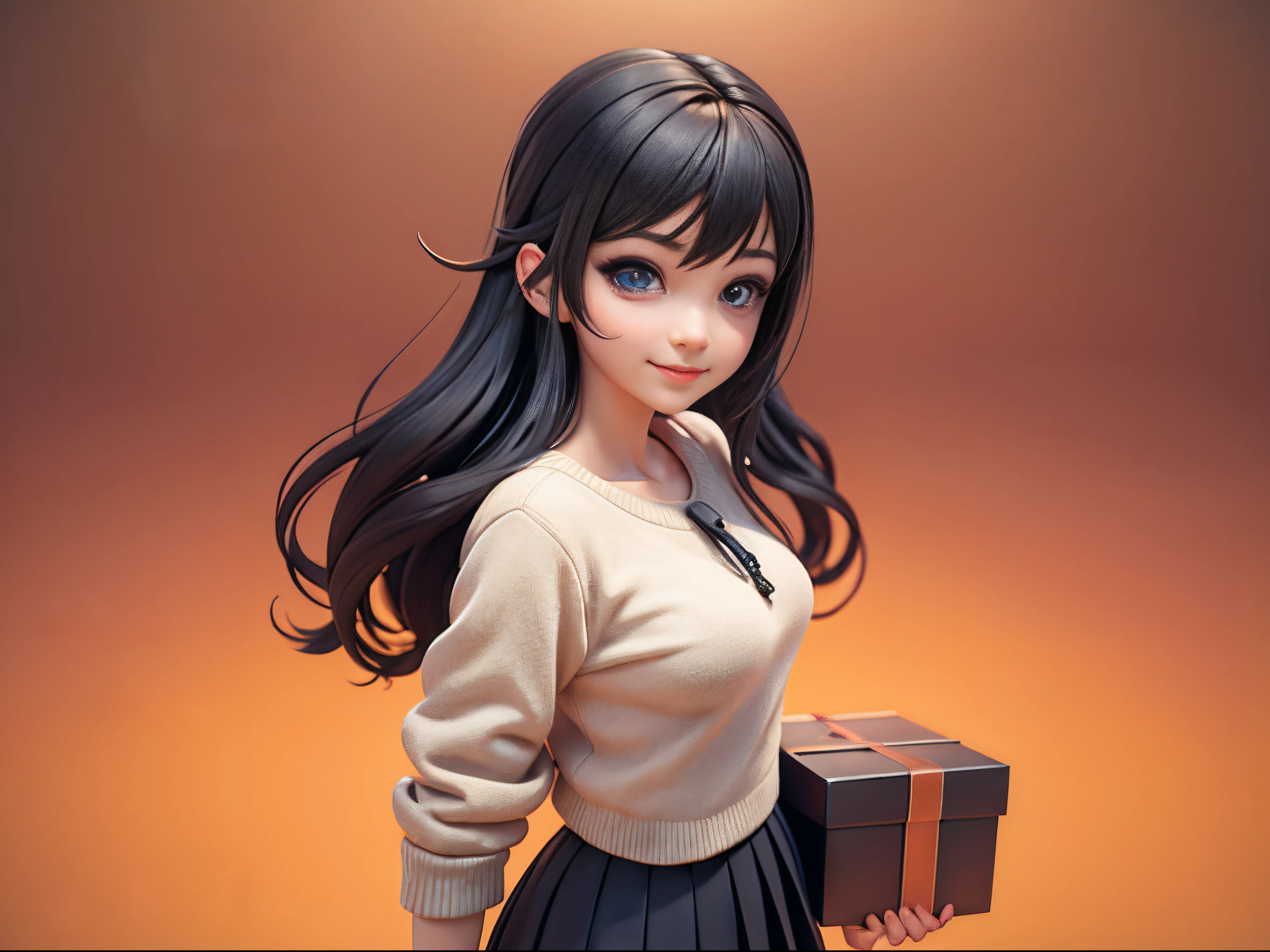 There is a beautiful and stylish female college student,Holding an oversized gift box,(Hold an oversized gift box 1.5), cinema shot, Cinematic lighting, (1girll, Solo), (angle of view, focus face, From above, The upper part of the body), (Perfect face, Beautiful eyes)Black color hair, Elegant portrait of a maiden,Orange sweatshirt and pleated skirt, Stylish 3d anime girl rendering, Beautiful and detailed digital art, cute girly,The smile is bright, Stylized 3D rendering, 3D rendering art,8K, beautiful digital painting,3d anime style, Ultra-detailed rendering, Planetary background,Divine cinematic light,Autumn clothing), Black hair, (Bar background),(Top-down view 1.3)