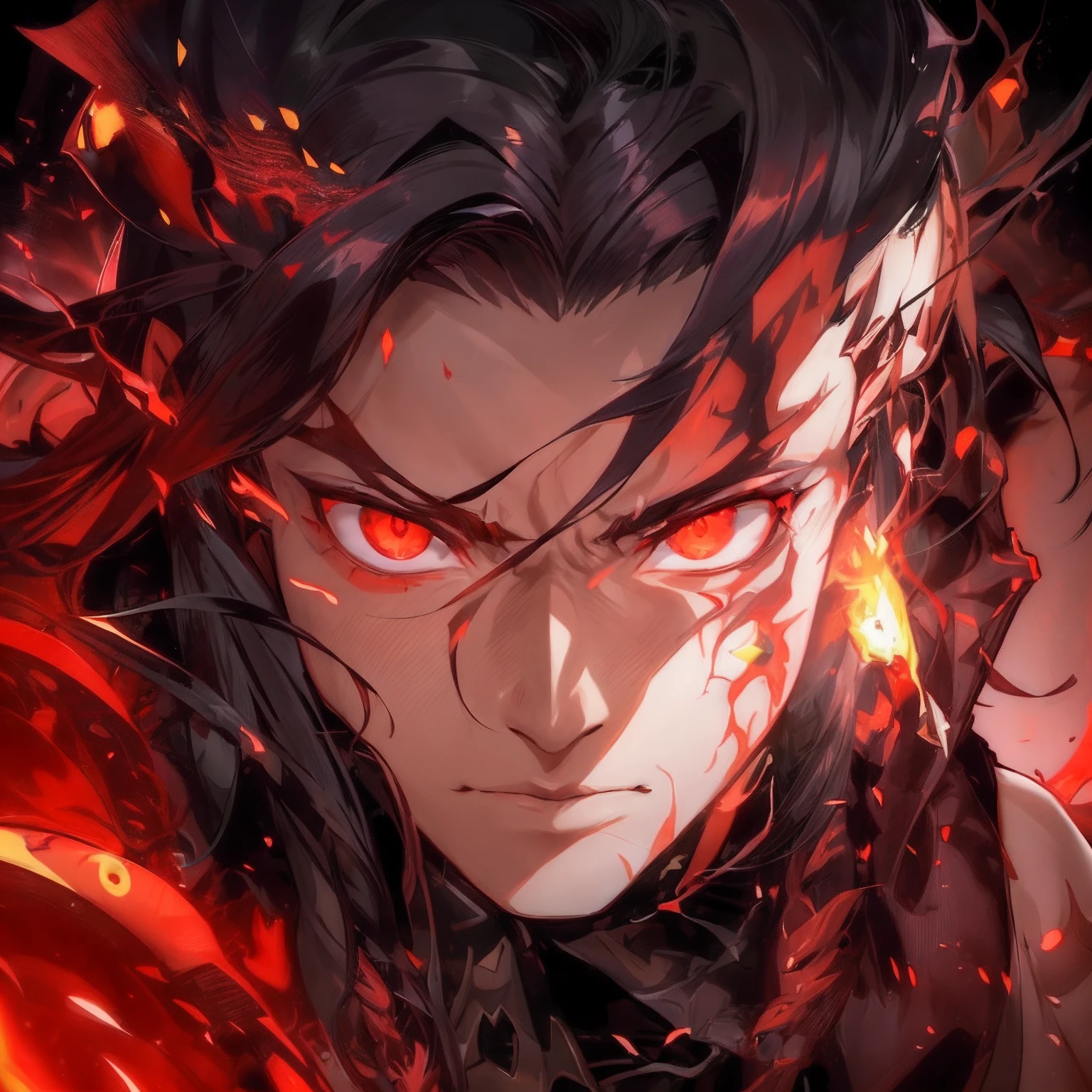 a close up of a person with red eyes, trending on Artstation, auto-destructive art, fate/zero, wreathed in flame, epic full color illustration, badass anime 8 k, anime tribal boy with long hair, dark pit, in yoji shinkawa's art style, nezuko, face of an armored villian, avatar image