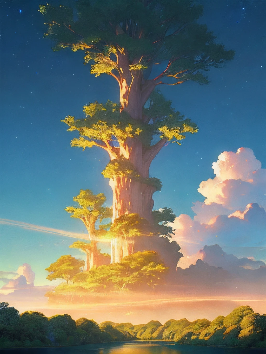 Illustration of a hyperrealistic , otherworldly, ultrasky scene featuring a giant crystal tree full body,very detailed and magical lighting, intricate forest details, vegetation and river around, solarpunk ,landscape, giant tree, beatifull leafy with beautiful lighting and realistic proportions, as if it were a cinematic background, 8k, highest quality, masterpiece, clouds and stars in the sky.