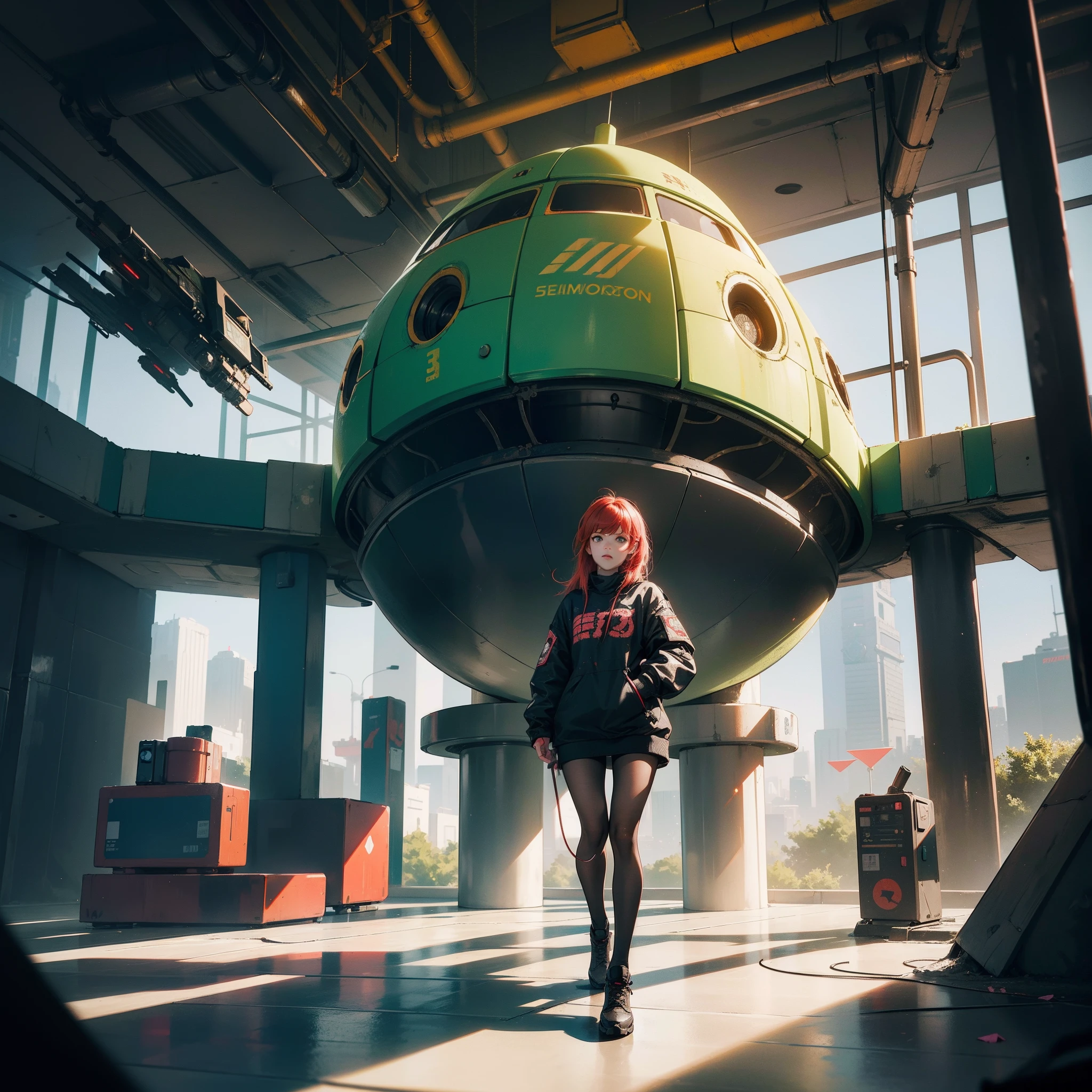 "(cyberpunk station), Beautiful girl on a green slide in a recreation area with checkered floor, em uma casa estilo terra doce, cabelo Rosa, little horns, (moletom cinza curto), (Black pantyhosebloom), cute expression with anger, red hair tie, cabelos absurdamente longos. in an abandoned theme park, Claustrophobic room, Dentro de uma nave espacial brutalista, vraytracing, Amusement park interior design, surreal sci fi set design, rolands zilvinskis 3d render art, 3 d videogame render, Rastreamento de vray"