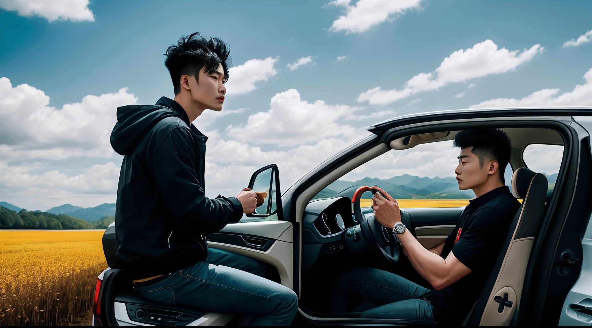 The Lafeld man sits in a car in the field，There is a sky background, Cai Xukun, zmonzheng, xintong chen, wenjun lin, 🔞🤡, steve zheng, zeng fanzh, jinyiwei, high-quality picture, 🤬 🤮 💕 🎀, Profile image, justin sun, Li Zixin, Lin Qifeng