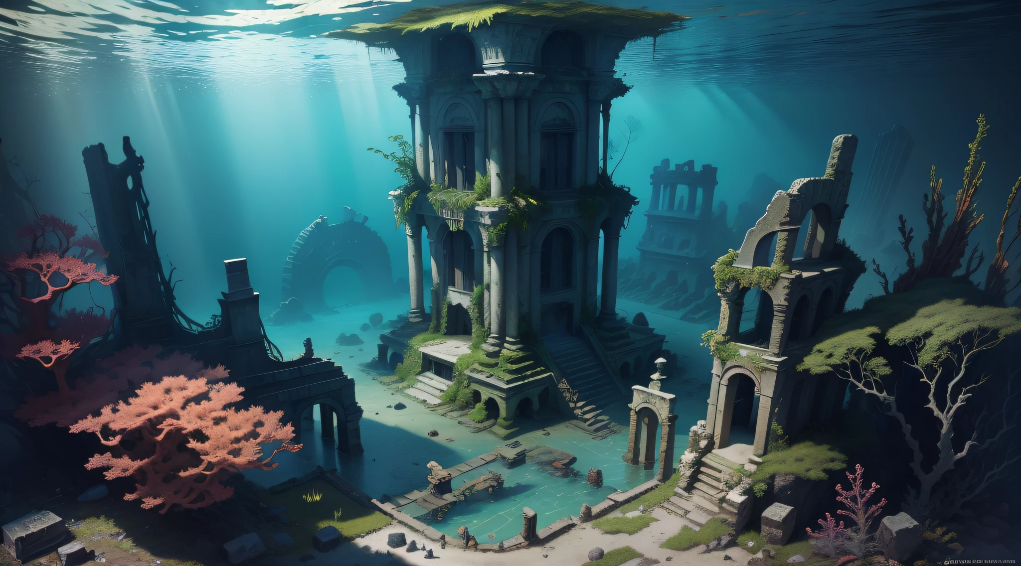 masterpiece, high resolution, background, ancient ruins sunk to the bottom of the sea, covered with seaweed and ivy, deep seabed as background, darkness, reef and coral reef,