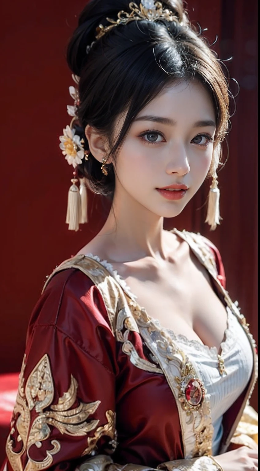 Super high resolution, Close-up photo of girl in headdress in pink and gold dress, ultraclear, Flawless and delicate face, Truly delicate skin, big breasts beautiful, Delicate and clear eyes, Look at the screen, Simple, (simple red background), Best quality, High details, HD, 16k,(Childlike face,18yr old,),(Phoenix Guanxia),
