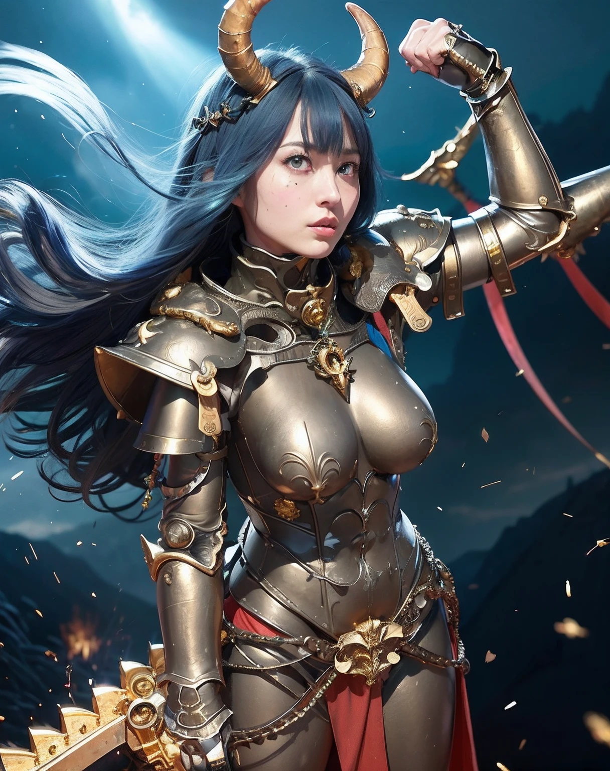 Professional , ​masterpiece、top-quality、photos realistic , depth of fields 、（Gemstone Blue Metal Body:1.２),(Matte Blue Black、（Standing in the church）、gold patterns、Wind-effect、Light Effects、Wind-effect、magic circles、（cleavage of the breast）、Dragon Gold Weapon（Dragon Metal Body:1.４),Gorgeous gold weapons ,（Particles of light）、 ,Fight legions of soldiers in skeleton armor ,（fierce look）、Mystical expression、16-year-old beautiful girl、（（ Dragon's dense and gorgeous sword）） , Ultimate Beauty   、（（Blue hair））、（Castle background）、Fight dragons、Fight with weapons、（（Gangle's forest background））、Beautiful Caucasian beauty、（１a person）、dynamic ungle,(((Details of the two demon horns on the head)))、Smaller head、A smile、Castle background、Thin and beautiful female hands、cleavage of the breast、Soldier in iron armor on background、Mystical expression、Light Effects、Wind-effect、magic circles、With the legendary magic wand、（demonic wings）、（Blue hair）、（1 persons）、Battle Look、Anatomically correct body、Toostock、Toostock、knee、Fight soldiers in skeleton armor ,