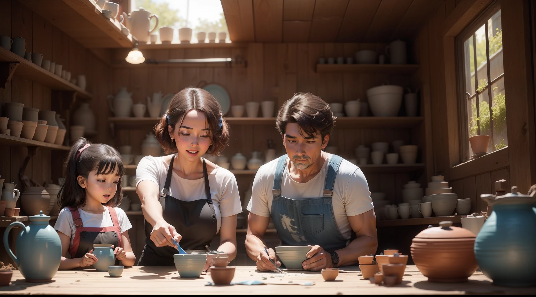 Mom and dad and kids doing pottery,A lively scene,Show the environment and people,Vector style,8K