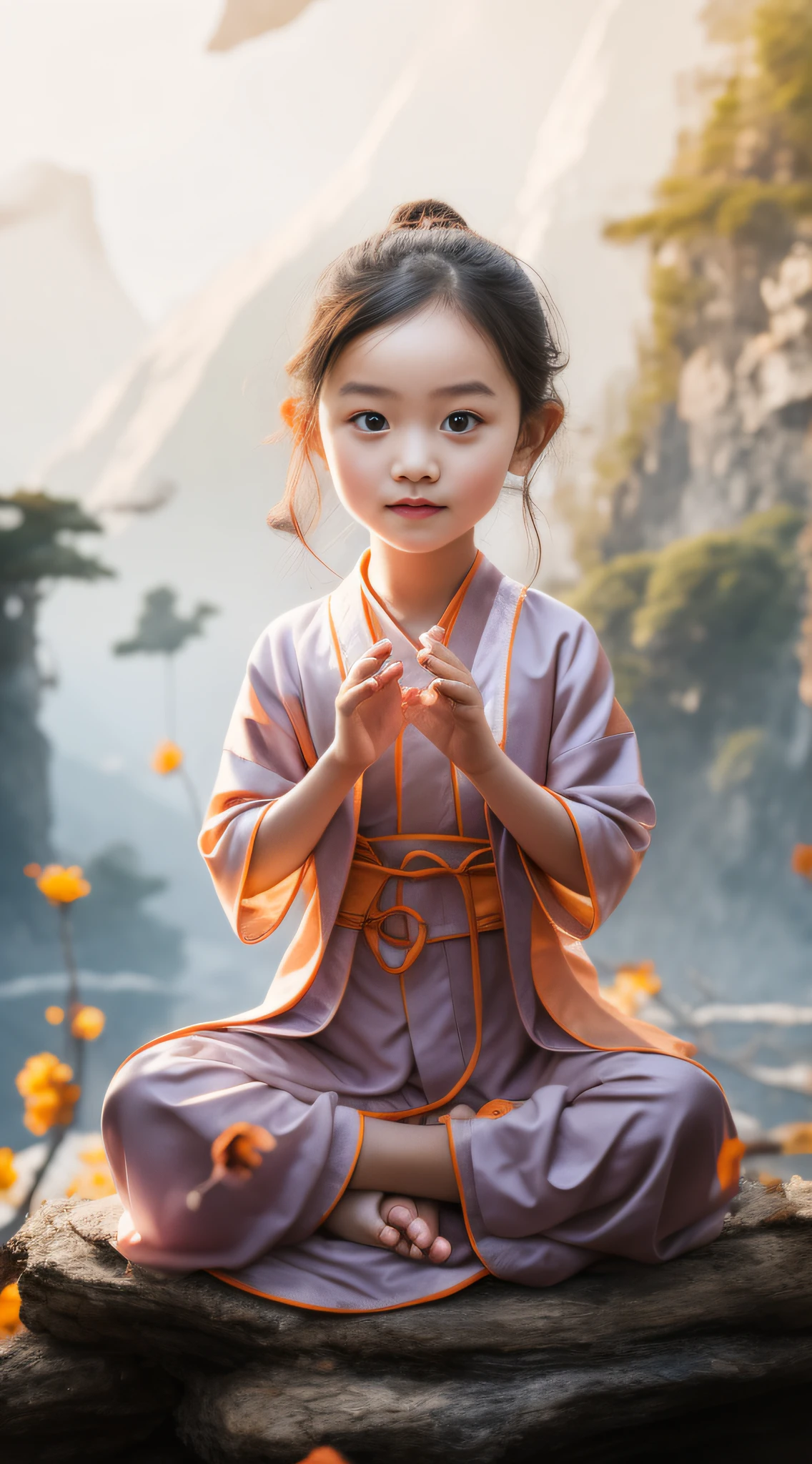 One ,Wearing an orange monk's robe,had his hands folded,sit with legs crossed,A mountain in the background,Face the camera