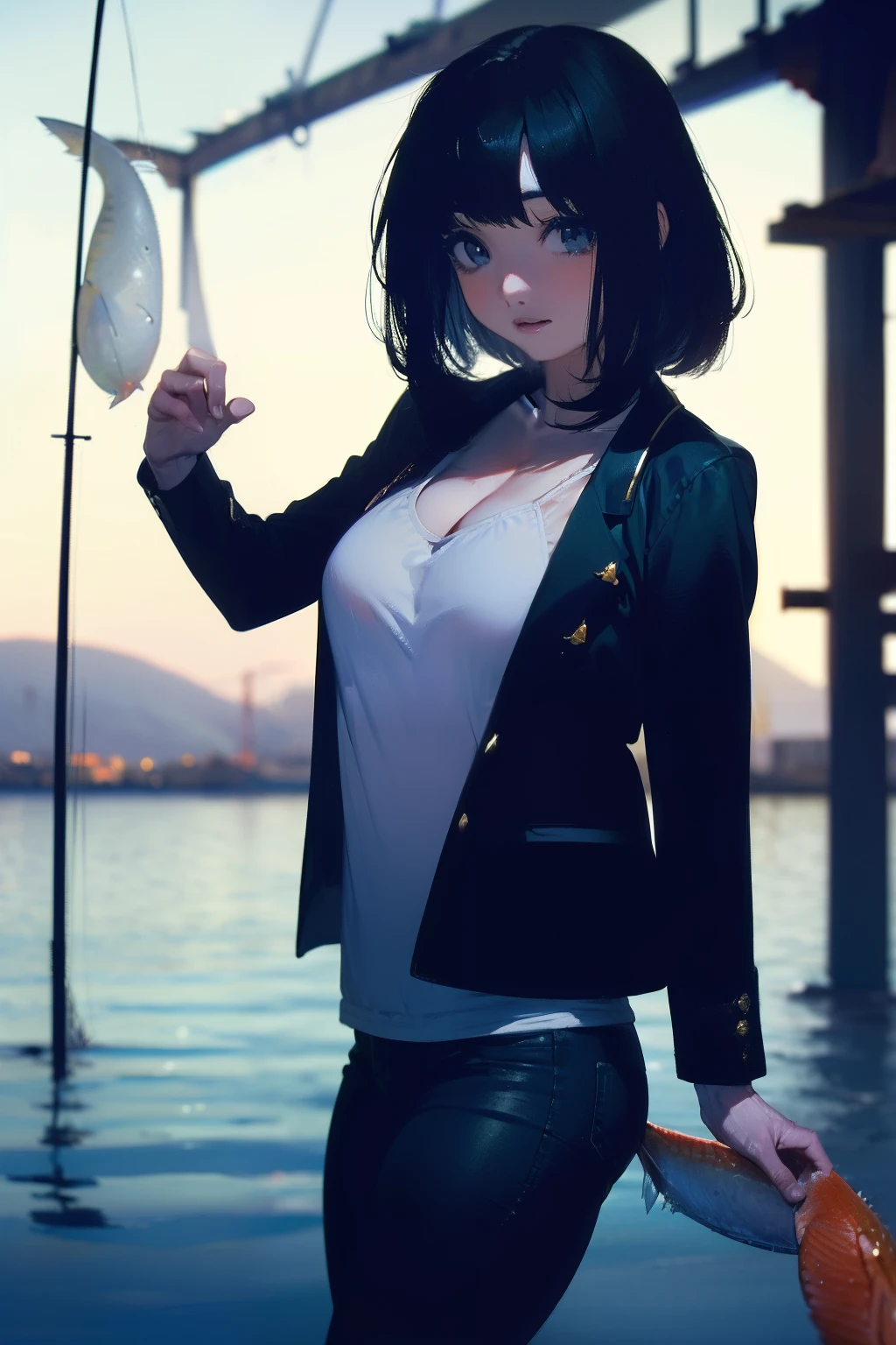 ((((catching a big fish by the lakeside:1.5)))),((Female 28 years old)),((Best Quality:1.5)),(((Hands with the correct number and structure of fingers:1.4))),((Big fish:1.37)),hight resolution,ultra-detailliert,​masterpiece,best qualtiy,(Eight-headed body),Black hair, long eyes-lashes, Solid Circle Eyes, drop shadow, Atmospheric perspective,Super Detail, ccurate, small brest,(Black jacket and black jeans :1.1),top-quality, blurry backround, bokeh dof:1.2, (​masterpiece:1.3),  Atmospheric perspective,Super Detail,dynamic compositions,