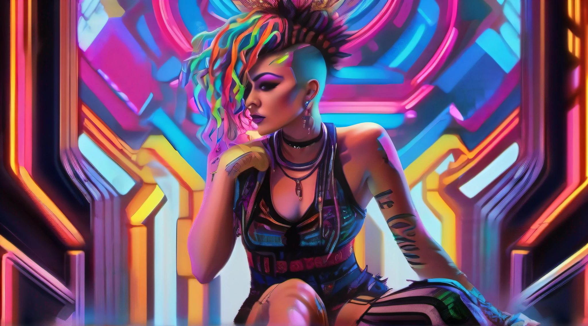 a woman, cybergoth, (white black striped mohawk), fullbody lenght portrait, sitting, trending on Artstation, psychedelic art, glowing rich colors, details and vivid colors, 7 0 s vibe, hyper - detailed visionary art, trending on artstration, neon steampunk, vibrant deep colors, colorful, colourfull