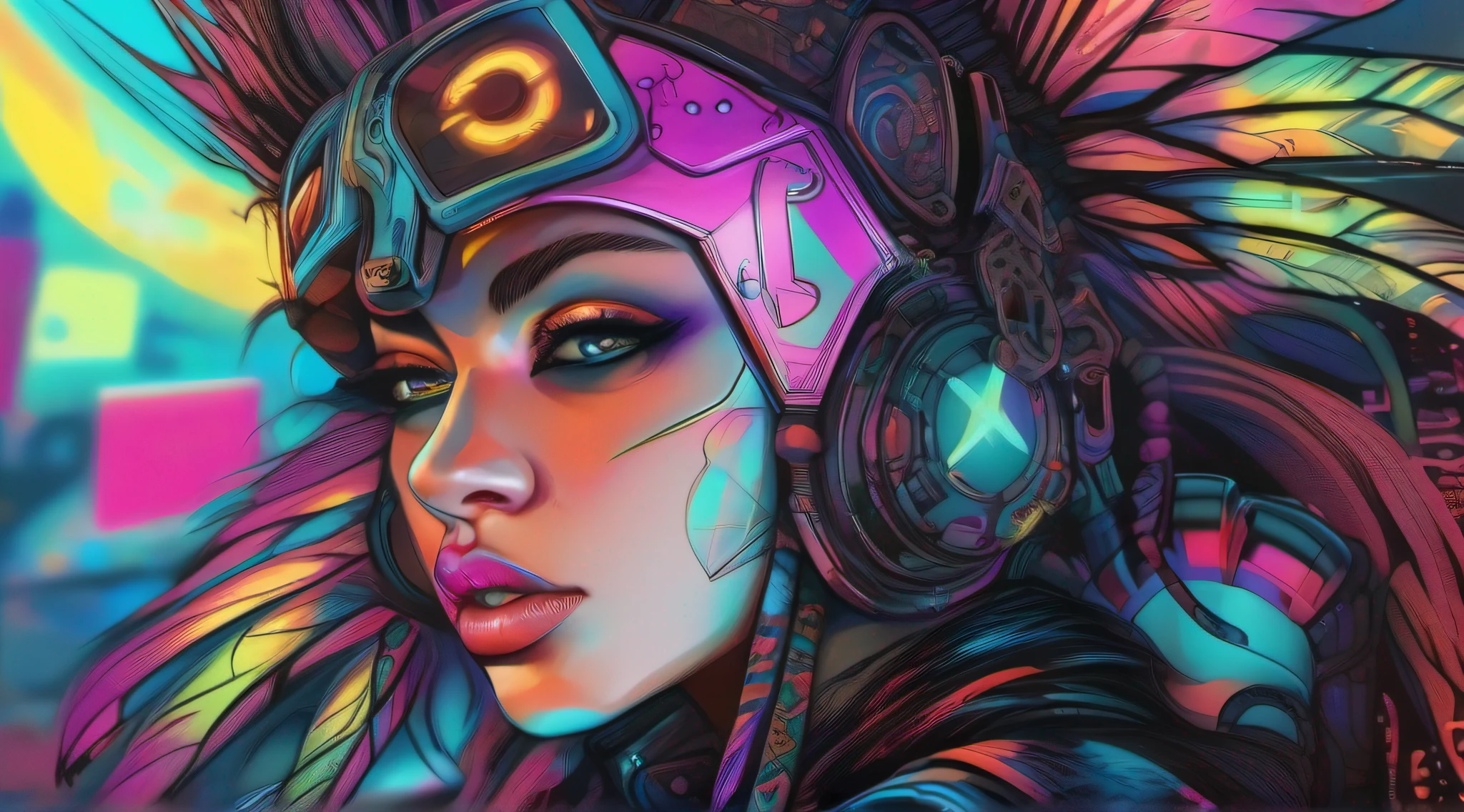 a woman, cybergoth, (white black striped mohawk), fullbody lenght portrait, sitting, trending on Artstation, psychedelic art, glowing rich colors, details and vivid colors, 7 0 s vibe, hyper - detailed visionary art, trending on artstration, neon steampunk, vibrant deep colors, colorful, colourfull
