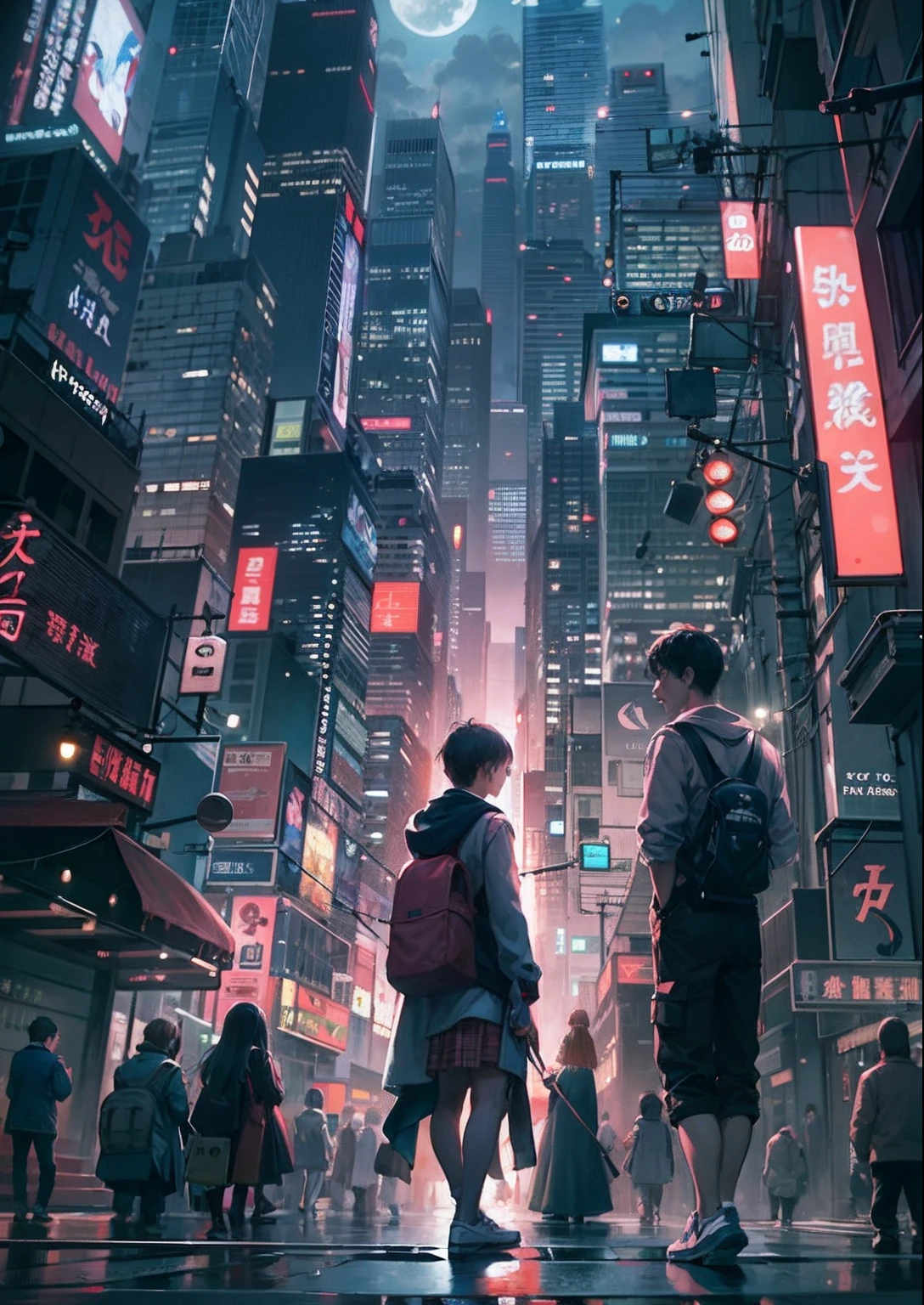 1boy,a 13 yo boy、Cyberpunk Boy、japanese sword,Whole body bloody、The beginning of the adventure、Lots of clouds,heavy fog、starrysky、Moon,Chaotic city of the future、Movie dystopia、A group of very tall skyscrapers stands in the center、Very complex cityscape,Crowded Chinese skyscrapers、street signs、streetlights、taxis、buses、Train、Pretty dim lighting、Dark road、puddles、amazing shading,Chaotic、Beautiful and fantastic scenery、Cinematic scenery、hightquality、masutepiece,in 8K、hight resolution、super fine illustration,