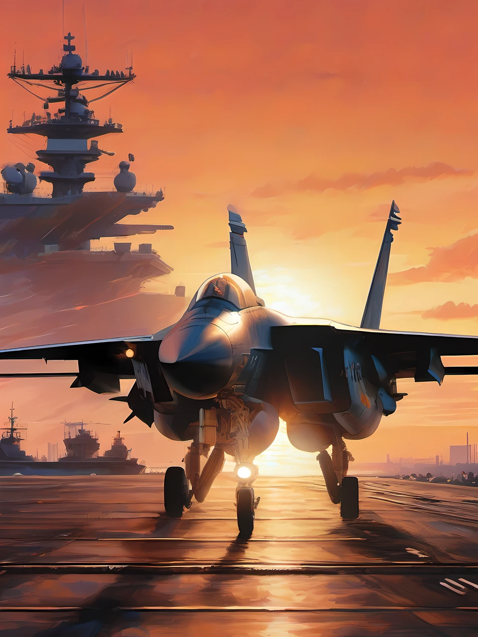 foreshortening technique, dynamic perspective, spatial depth, three-dimensional illusion, visual impact, artistic skill, engaging composition, movie「Top」Illustrations inspired by、Sea setting sun、(((Behind the F-14 fighter jet taking off:1.5)))、((take off scene:1.3)), Flaming engine、We're about to get started、F-14 fighters departing from an aircraft carrier、F-14 fighter with afterburner igniting、Rear view of the F-14 fighter、Empty mother、Big sunset、A very large sunset setting over the horizontal parallels、Background dyed by sunset、