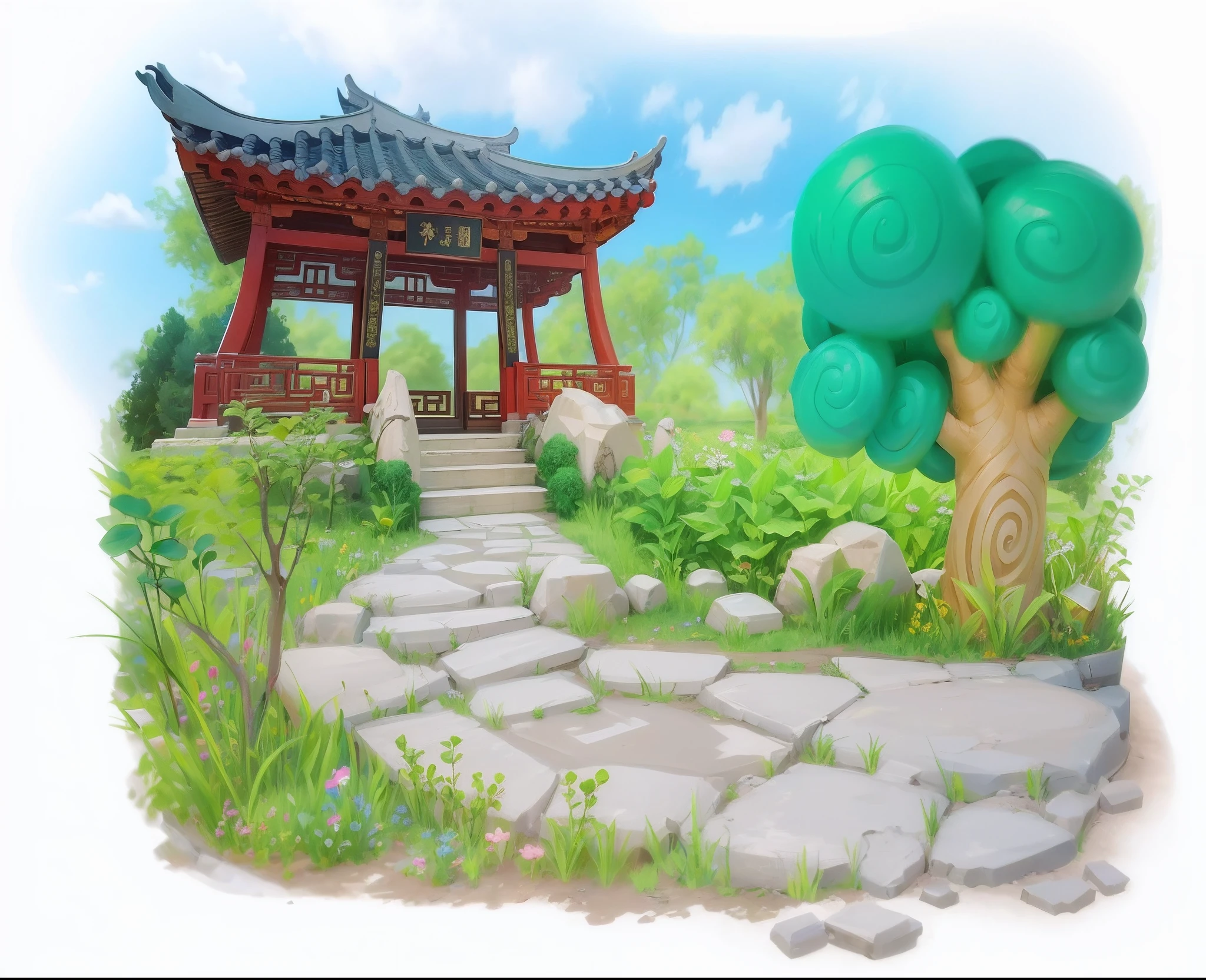 tmasterpiece,high qulity,Cartoon scenery,Chinese Pavilion,The tree,A plant,Flowers,steins,estilo cartoon 3d,There is texture,Ray traching,4K,