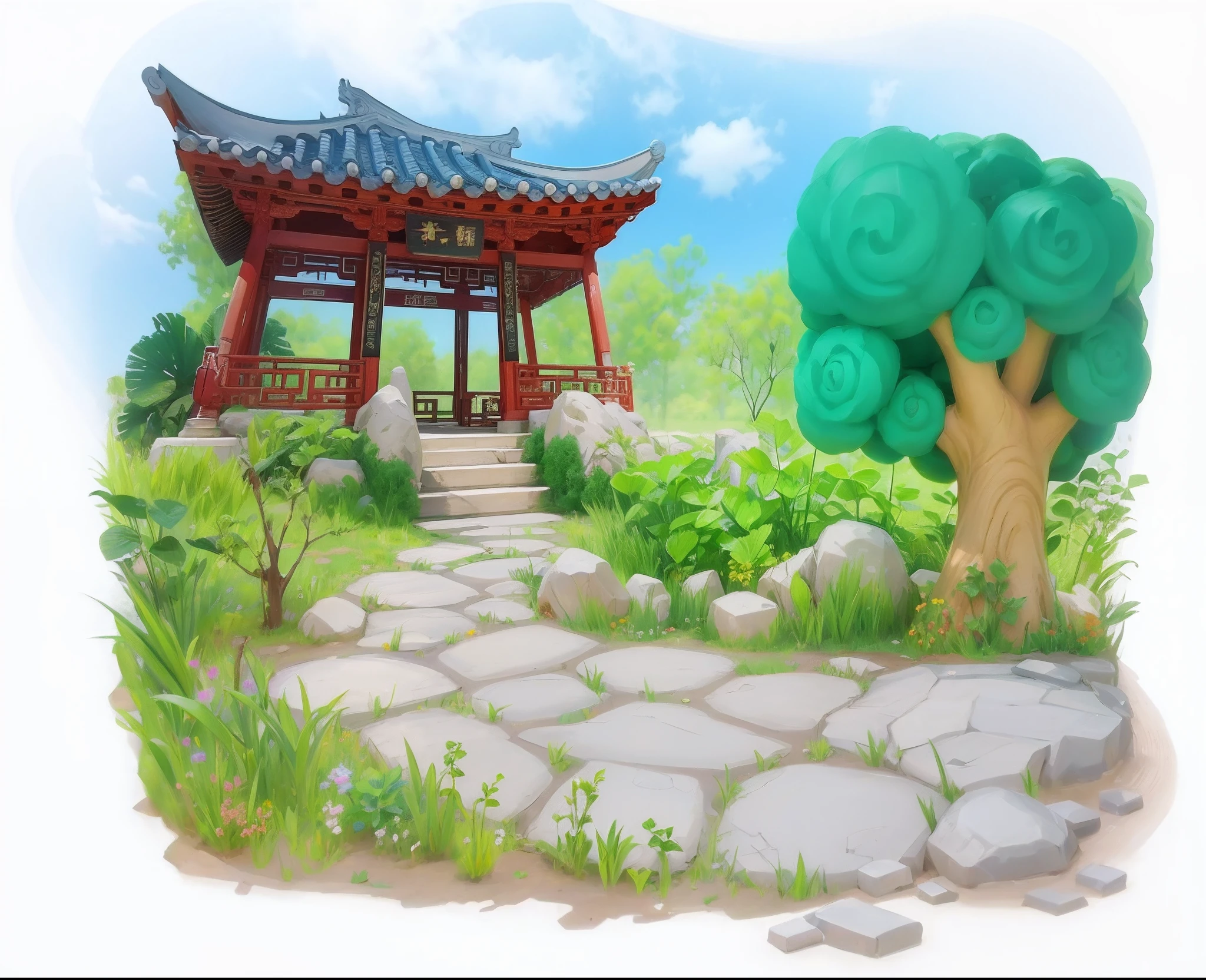 tmasterpiece,high qulity,Cartoon scenery,Chinese Pavilion,The tree,A plant,Flowers,steins,estilo cartoon 3d,There is texture,Ray traching,4K,