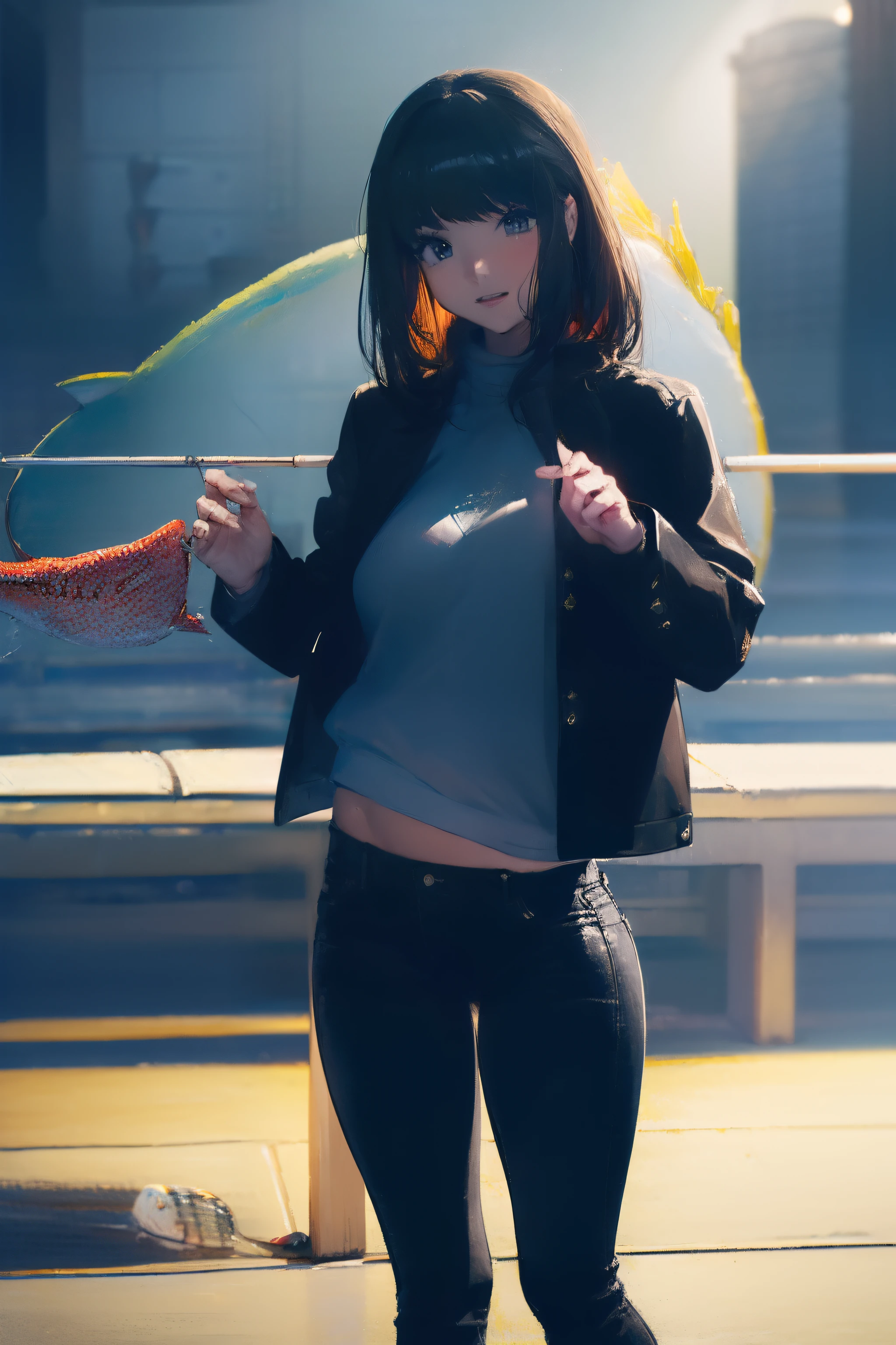 ((((catching a big fish by the lakeside:1.5)))),((Female 28 years old)),((Best Quality:1.5)),(((Hands with the correct number and structure of fingers:1.4))),((Big fish:1.37)),hight resolution,ultra-detailliert,​masterpiece,best qualtiy,(Eight-headed body),Black hair, long eyes-lashes, Solid Circle Eyes, drop shadow, Atmospheric perspective,Super Detail, ccurate, small brest,(Black jacket and black jeans :1.1),top-quality, blurry backround, bokeh dof:1.2, (​masterpiece:1.3),  Atmospheric perspective,Super Detail,dynamic compositions,