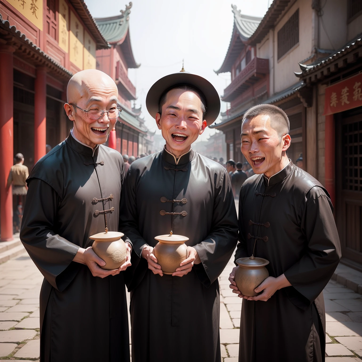 Three Laughing Monks" standing in the center of a bustling ancient Chinese town square, surrounded by curious townsfolk who can't resist joining in their laughter. Ultrarealist