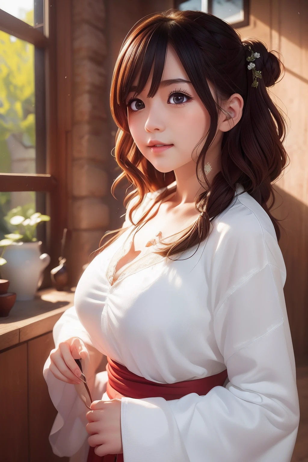 (8k,RAW photos,best qualtiy,tmasterpiece:1.2),(真实感,fidelity:1.37),Hanfu,best qualtiy,超高分辨率,profesional lighting,photon maping,Radio City,physically-based renderingt,cinmatic lighting,(((red color Hanfu,China-style))),(red pupils)realisticlying,simplebackground,Dress conservatively,full bodyesbian,(8k,raw photo,best quality,tmasterpiece),(1个Giant Breast Girl),photon maping,Radio City,Physical rendering,automatic white balance,(((haunting smile,long whitr hair))),watered eyes,(Be red in the face|Cute and playful|adolable|Skinny|big breasts beautiful|side pony tail|hair-bun,),(looking at viewert),(irises and pupils are rounded,Around the pupil reflex,Eye sizes are not the same)(red - eyed),