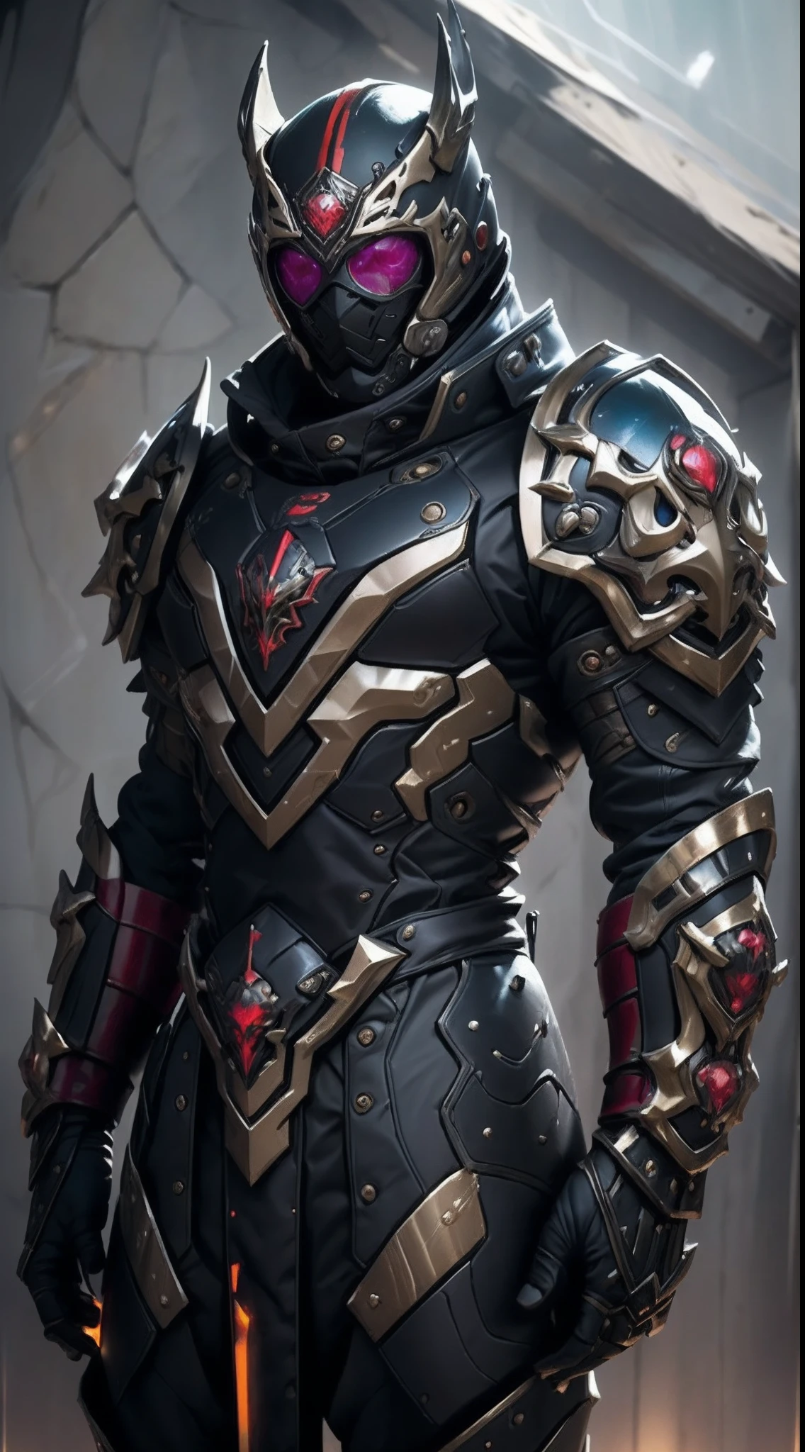 A man wearing a full-face helmet that covers most of his face, adorned in a biomimetic fantasy-style armor, the predominant black color is accented with red textures in the design this character embodies a finely crafted fantasy-style armored warrior design in anime, ((character concept art)), high definition, best quality, ultra-detailed, extremely delicate, anatomically correct, symmetrical face, extremely detailed eyes and face, high quality eyes, creativity, RAW photo, UHD, 16k, (Natural light, cinematic lighting, masterpiece:1.5)