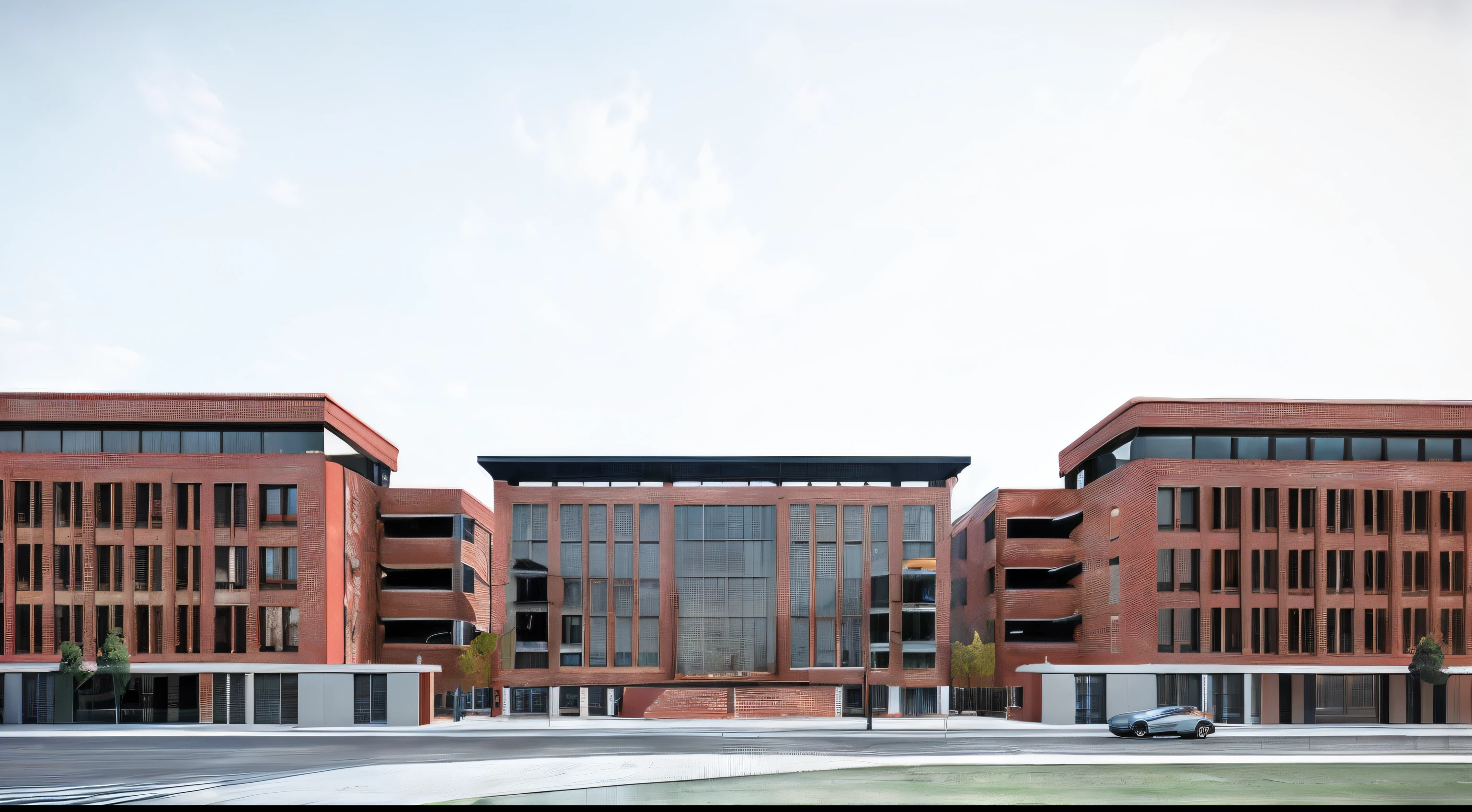 There is a red brick building,There was a car parked in front, wide angle exterior 2022, low angle dimetric rendering, architectural render, Complex, Front perspective, building rendering, building facing, architecture render, Rendered in Lumion Pro, archviz, highly rendered!!, finalrender, up front view