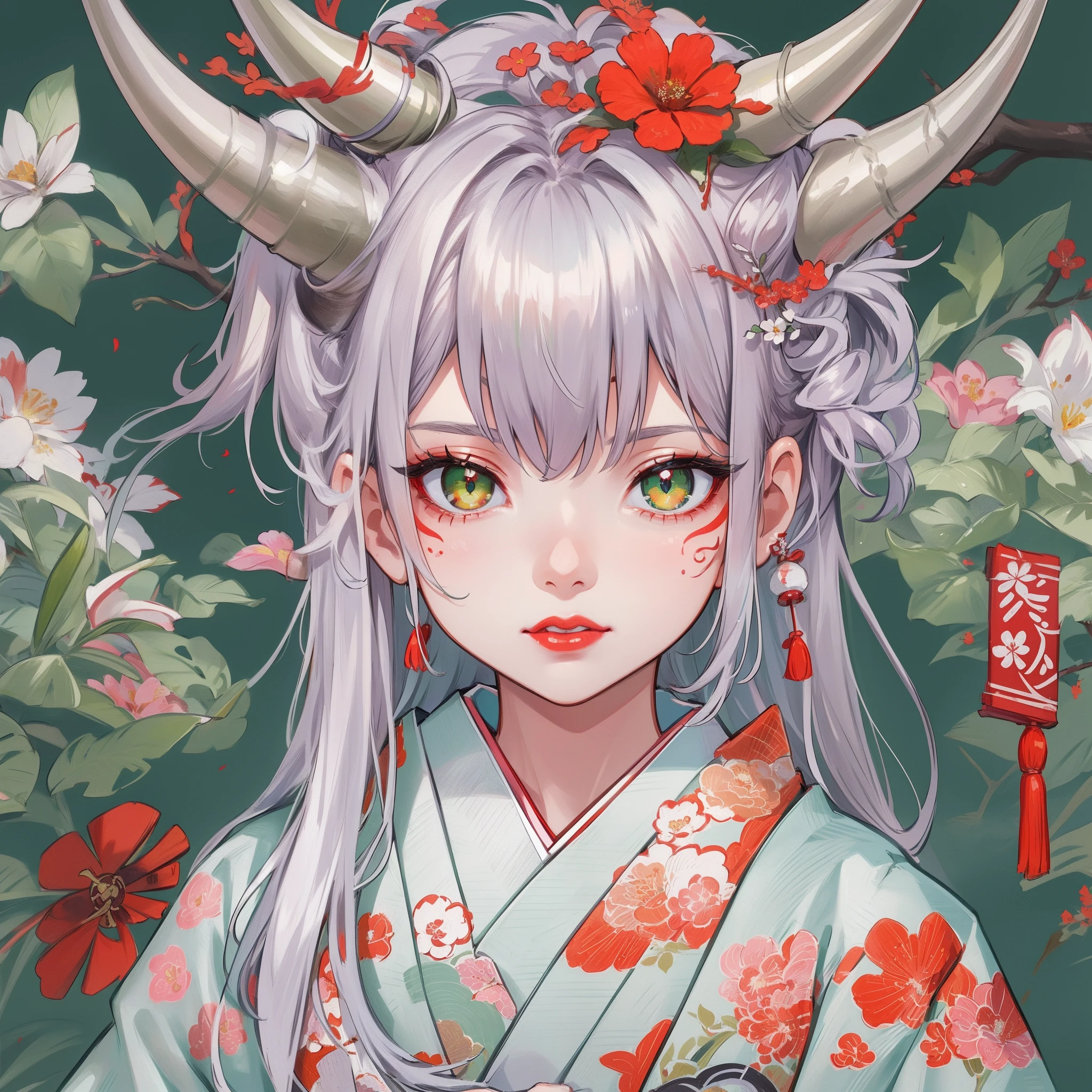 best quality, highly detailed beautiful face and eye, 1 girl, (loli, 8years old), kimono, silver straight hair, demon horn, light green eye, red lip, floral tattoo on face, earnest expression, Japanese ancient capital