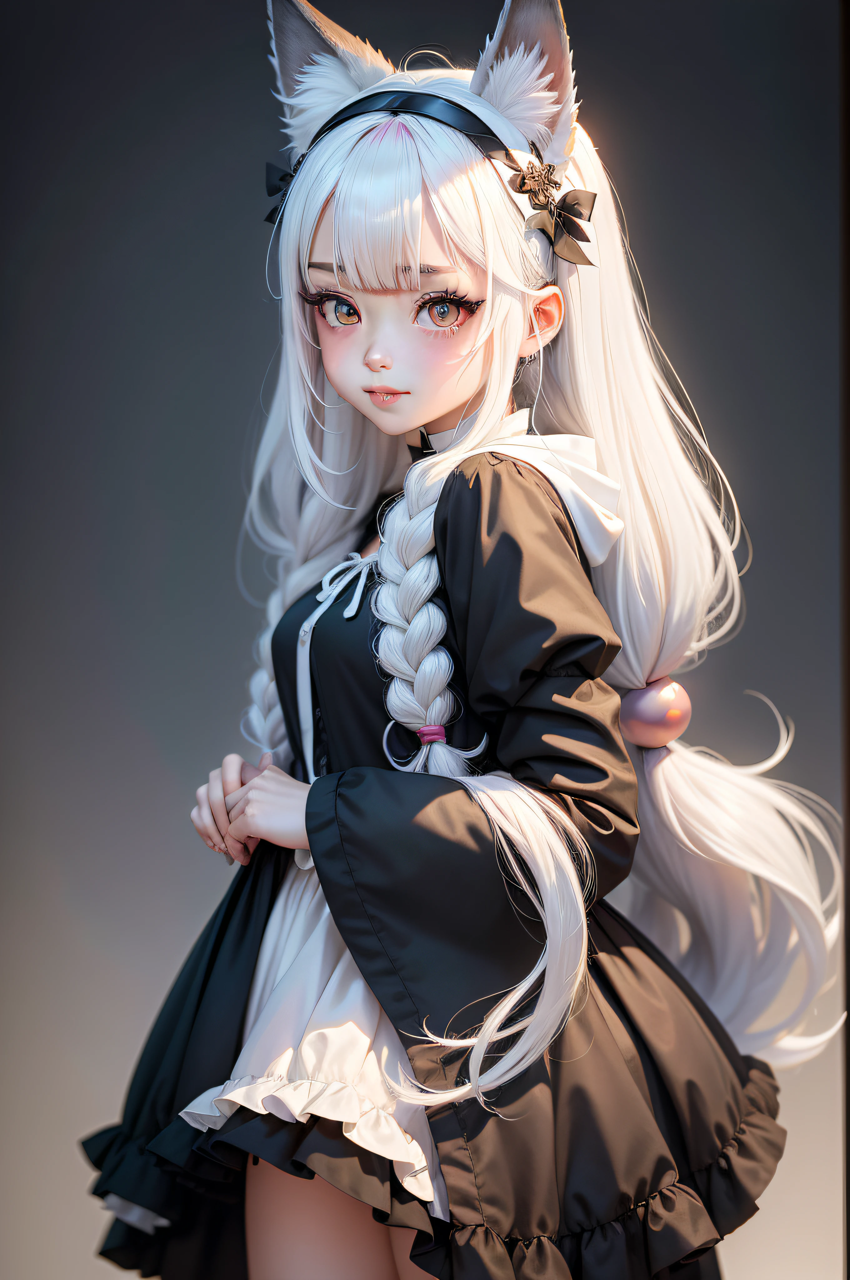 black hair, hair bobbles, wince, longeyelashes, solid circle eyes, fake animal ears, light smile, ear blush, fang, white hair, silver hair, streaked hair, colored inner hair, gradient hair, ahoge, braid, blunt bangs, french braid, long hair, hair over shoulder, hime cut, heart ahoge, hood, hairband, maid headdress, ribbon, white hairband, mole under eye, heart-shaped pupils, color contact lenses, fox ears, cat ears, animal ears, fake animal ears, shy, blush, tongue, oral invitation, Surrealism, drop shadow, anaglyph, stereogram, tachi-e, pov, atmospheric perspective, Verism, interior architecture, chiaroscuro, cinematic lighting, chromatic aberration, drop shadow, chromatic aberration abuse, backlighting, stereogram, tachi-e, bokeh, 8k, super detail, ccurate, best quality, textured skin, anatomically correct, UHD, masterpiece, ccurate, high details, highres, 1080P,lewd nun