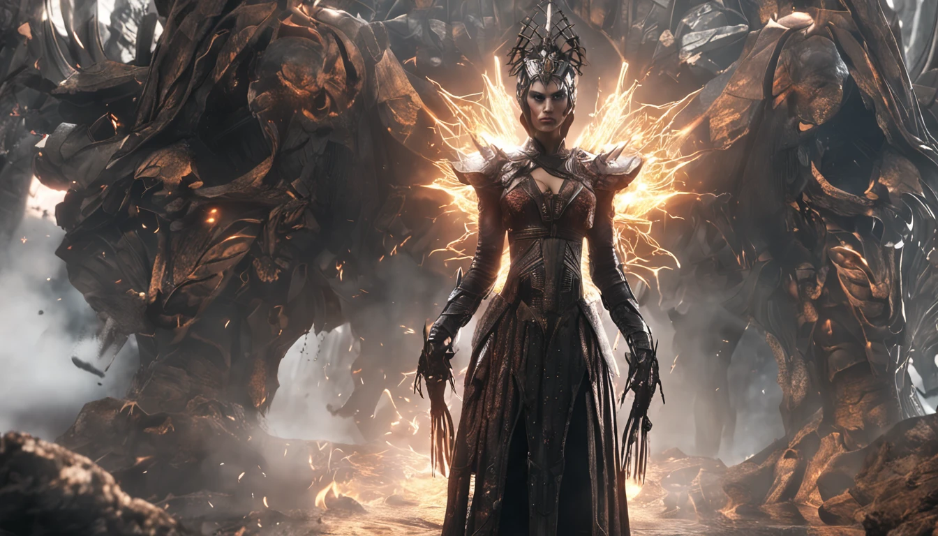 Lilith FLYING ALONE, INSIDE THE GARDENS OF EDEN, fire, lightning, blood, whole body, in the style of Diablo 4,