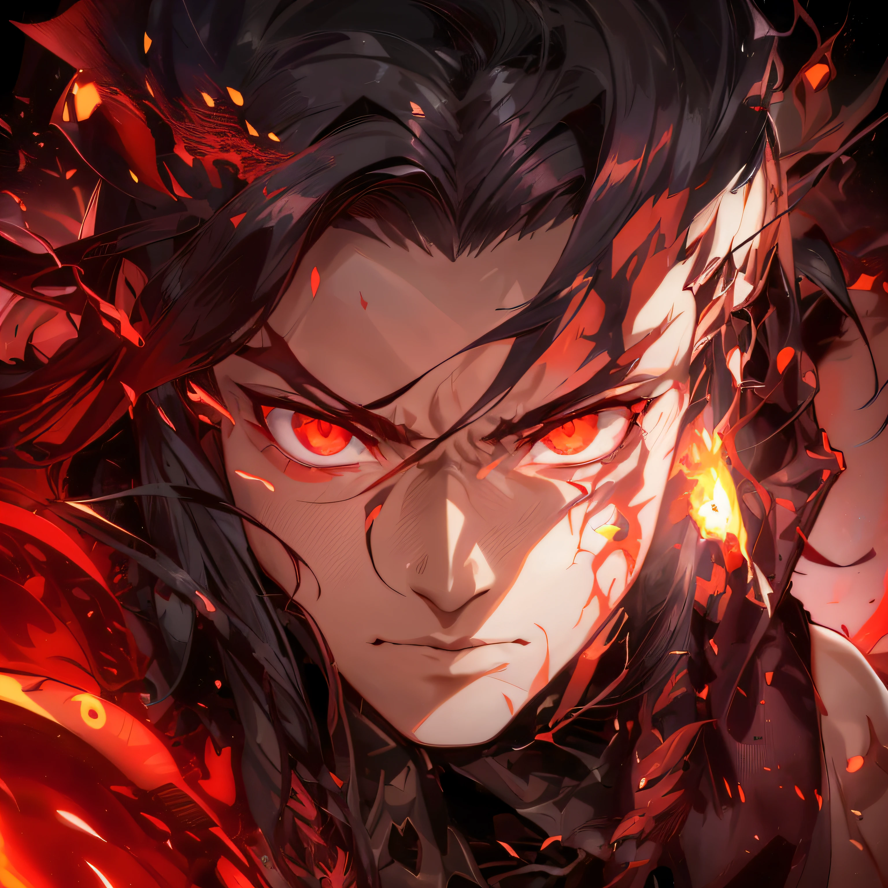 a close up of a person with red eyes, trending on Artstation, auto-destructive art, fate/zero, wreathed in flame, epic full color illustration, badass anime 8 k, anime tribal boy with long hair, dark pit, in yoji shinkawa's art style, nezuko, face of an armored villian, avatar image