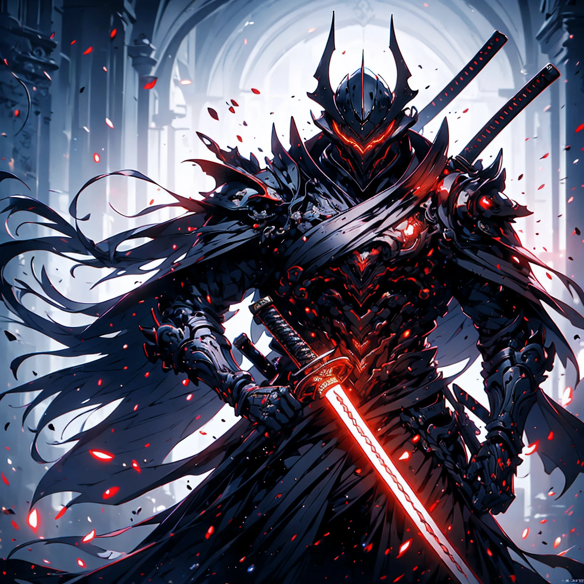 ((top-quality)), ((masterpiece)), ((ultra-detailliert)),(8k wallpaper:1.2),(Ultra-high resolution:1.2),(masterpiece:1.1),wallpaper,High quality,(High detail),(absurdres, highres, ultra detailed),( best quality:1.2),(dark souls character:1),1 man, Cybernetic knight, wearing a futuristic mouth mask, wearing a red black and white samurai armour, holding a Katana, concept art for a character, surrounded by dead samurai,dark souls,gritty,dark fantasy, highest quality digital art, wallpaper 8k