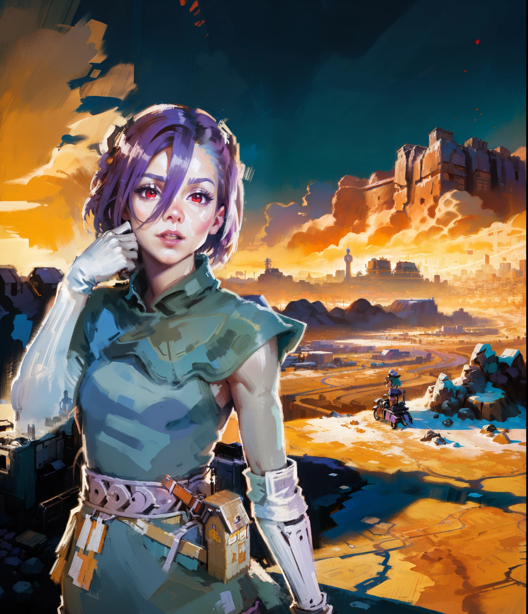 (tmasterpiece),The Official Art of Paints, splatter,Realistic desert sky ), ((Custom-made iron)), ((The girl is beautiful)), (((red-eyes))), ((purple short hair)) , (Successful pose) ,(((Wasteland and canyons in the background)))