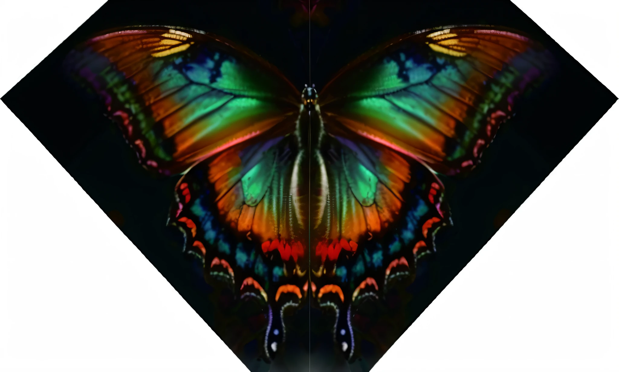 Butterfly close-up, symetrical wings, The wings are blue,Orange and black predominance,Generate HD AI