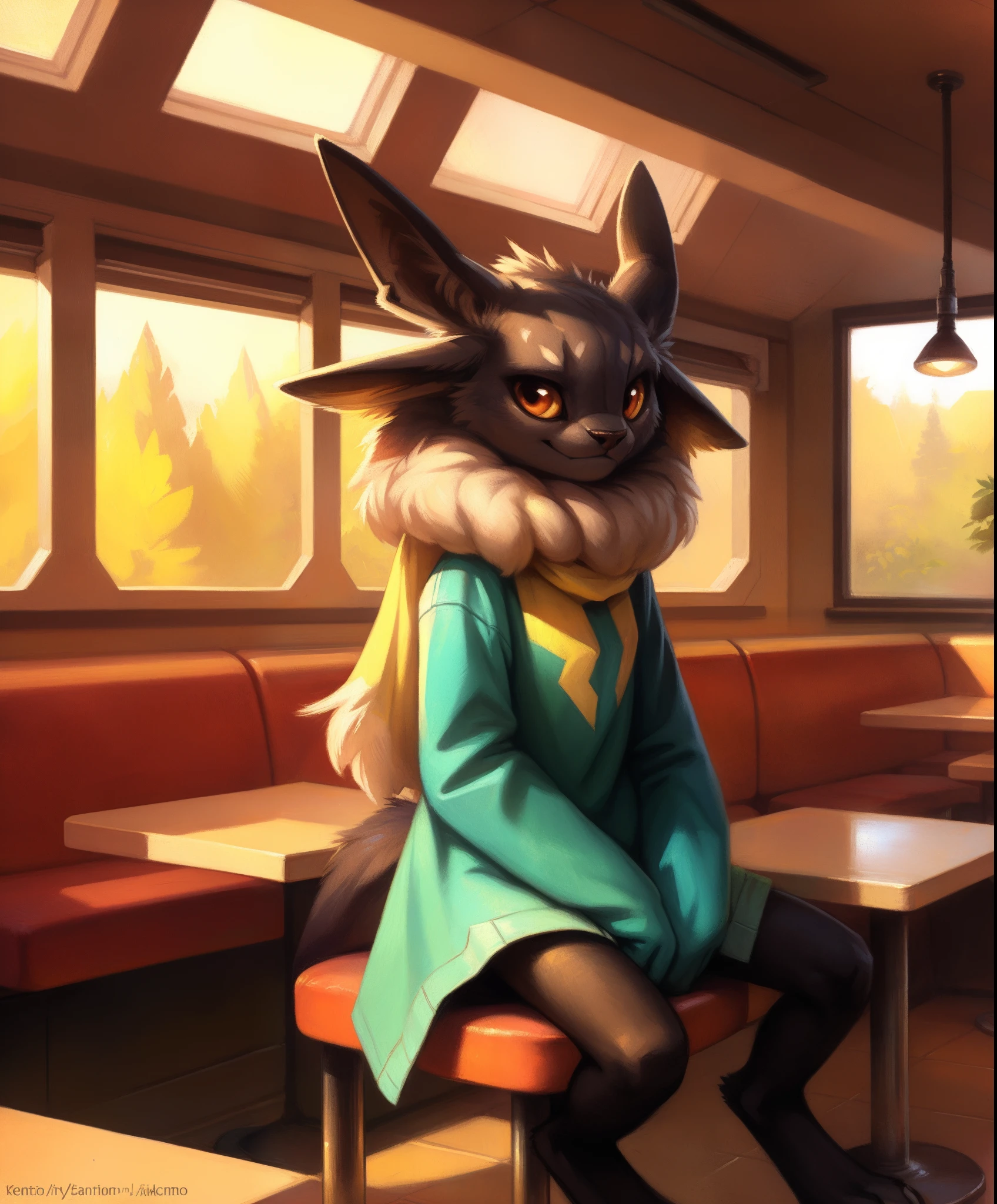 this image depicts a innki sitting in a diner, anthro, clothing, full-length portrait, looking at viewer, solo,
inside, detailed background, by kenket, by darkgem, by plattyneko,
extremely detailed, detailed shading, volumetric lighting, natural light, FujiFilm XT3