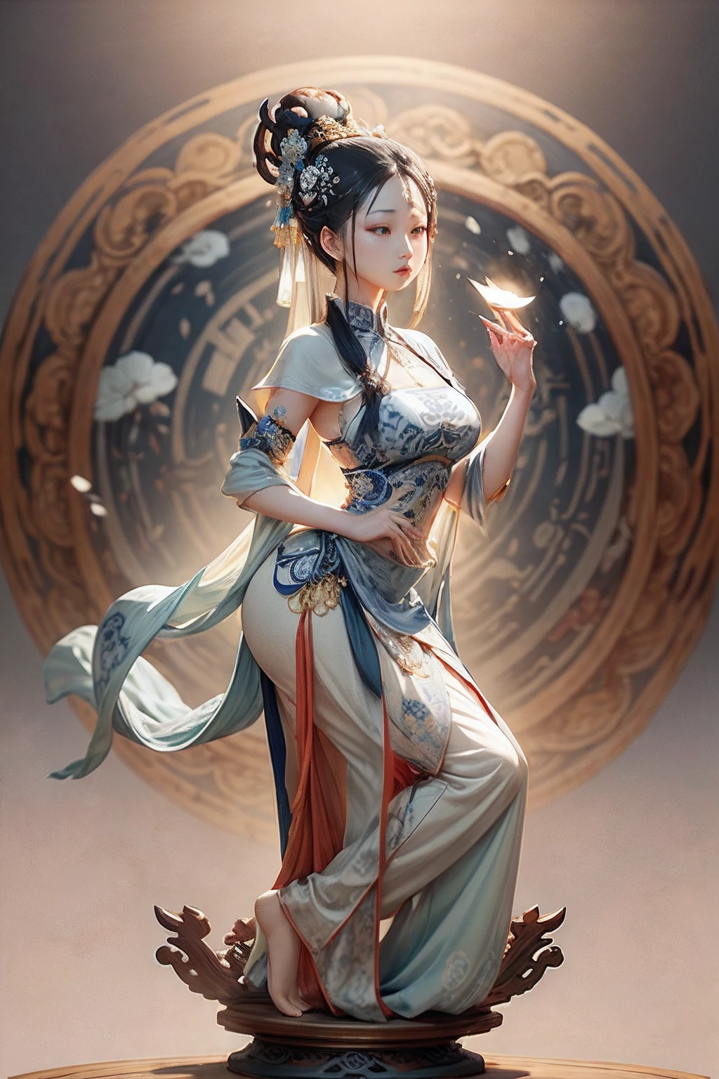 Blue and white porcelain statue, ancient china art style,Dunhuang character modeling,Delicate pattern,Oriental elements,Ink painting style, Clean colors, White background, Soft lighting, ( Bokeh),Masterpiece, Super detailed, Epic composition, Highest quality, 4K,