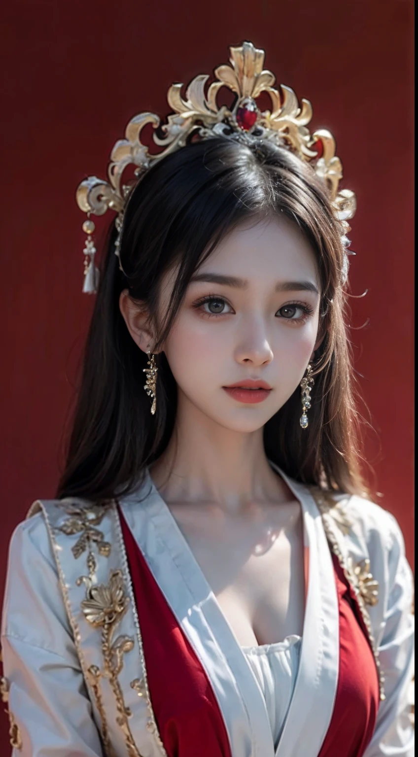 Super high resolution, Close-up photo of girl in headdress in pink and gold dress, ultraclear, Flawless and delicate face, Truly delicate skin, big breasts beautiful, Delicate and clear eyes, Look at the screen, Simple, (simple red background), Best quality, High details, HD, 16k,(Childlike face,18yr old,),(Phoenix Guanxia),